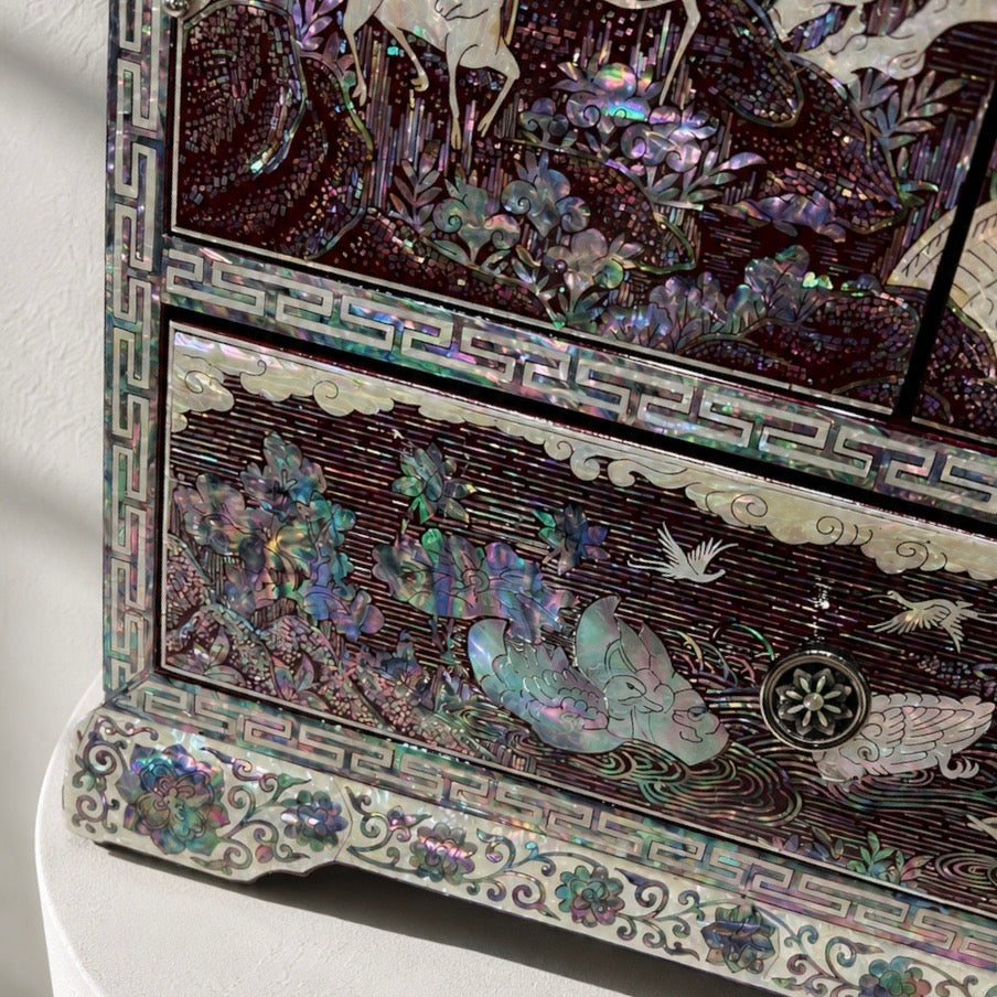 Mother-of-Pearl Double-Door Jewelry Chest: Landscape and Longevity Motifs