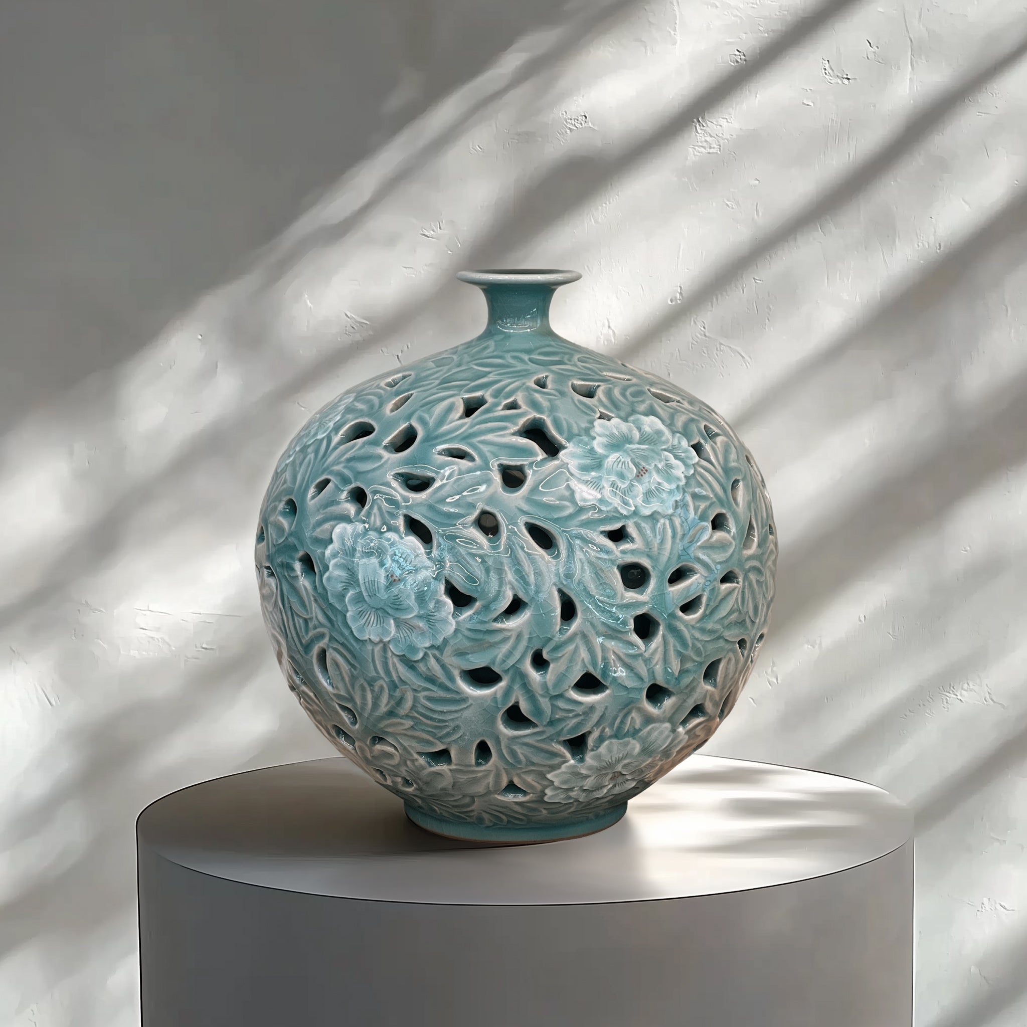 Celadon Vase: Double-Wall Openwork Design with Peony Motif