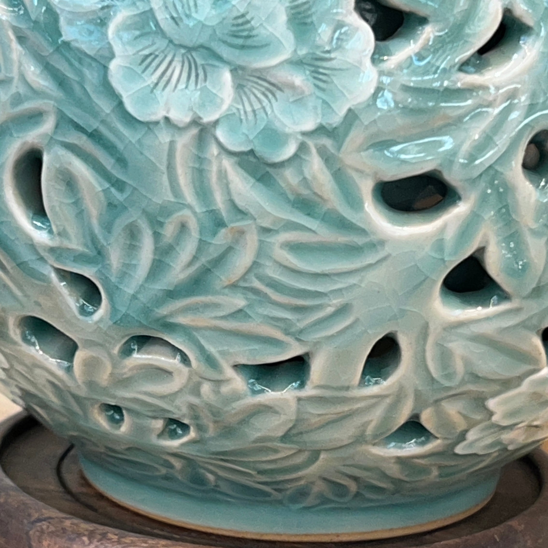 Celadon Vase: Double-Wall Openwork Design with Peony Motif