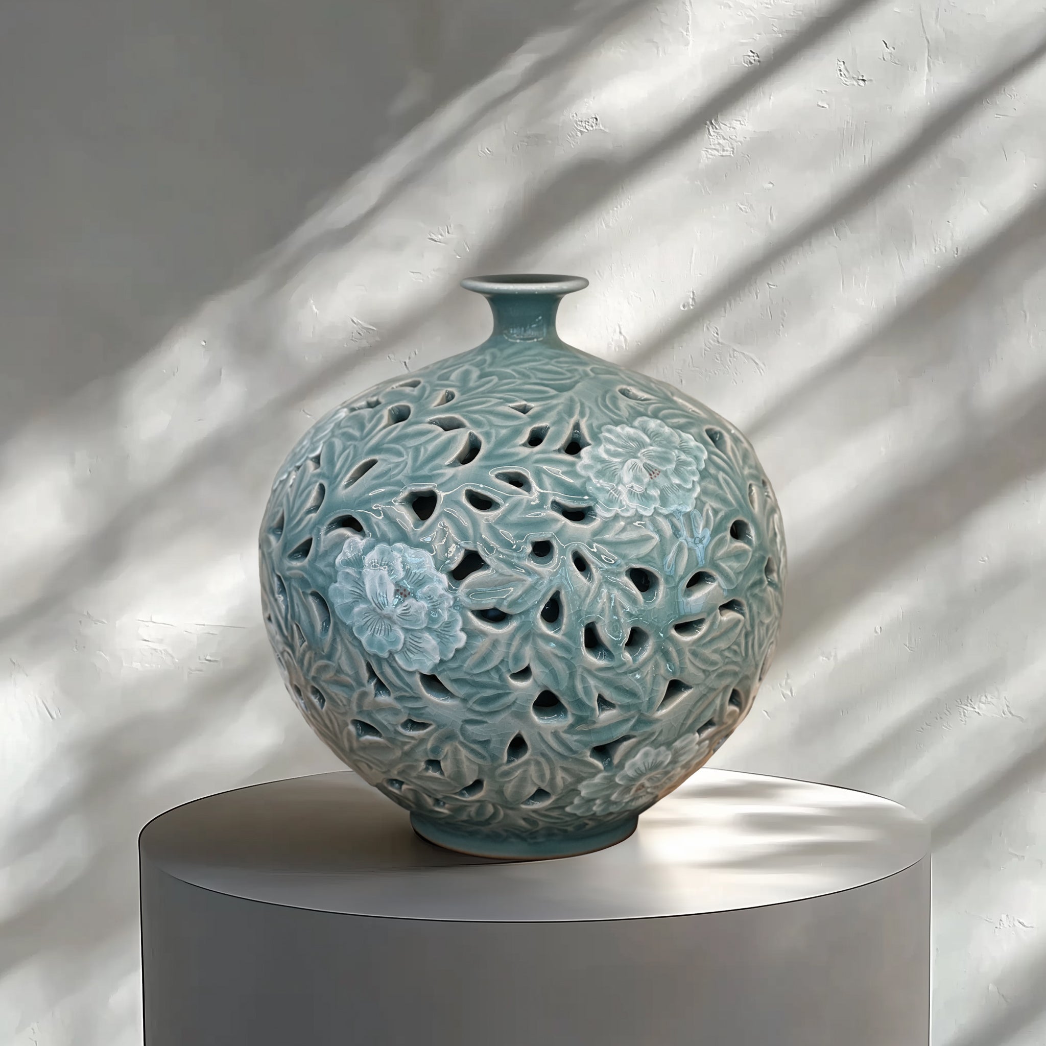 Celadon Vase: Double-Wall Openwork Design with Peony Motif