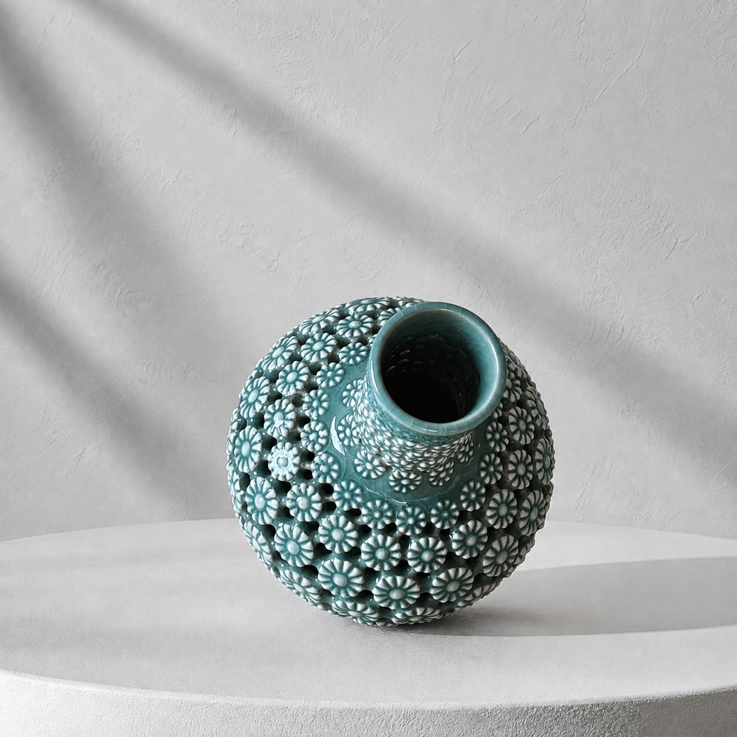 Celadon Double-Walled Openwork Long Neck Vessel: Chrysanthemum Motif