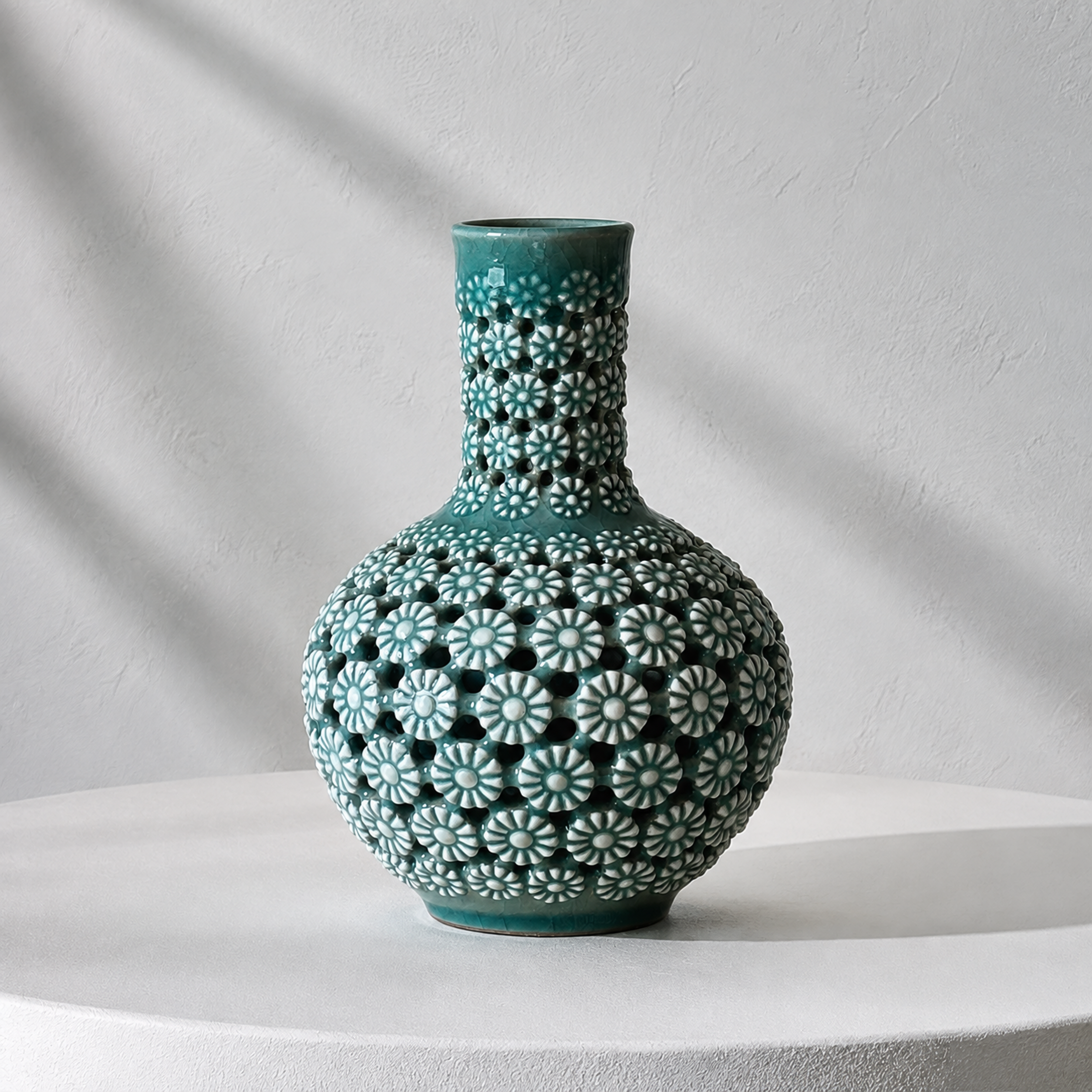 Celadon Double-Walled Openwork Long Neck Vessel: Chrysanthemum Motif