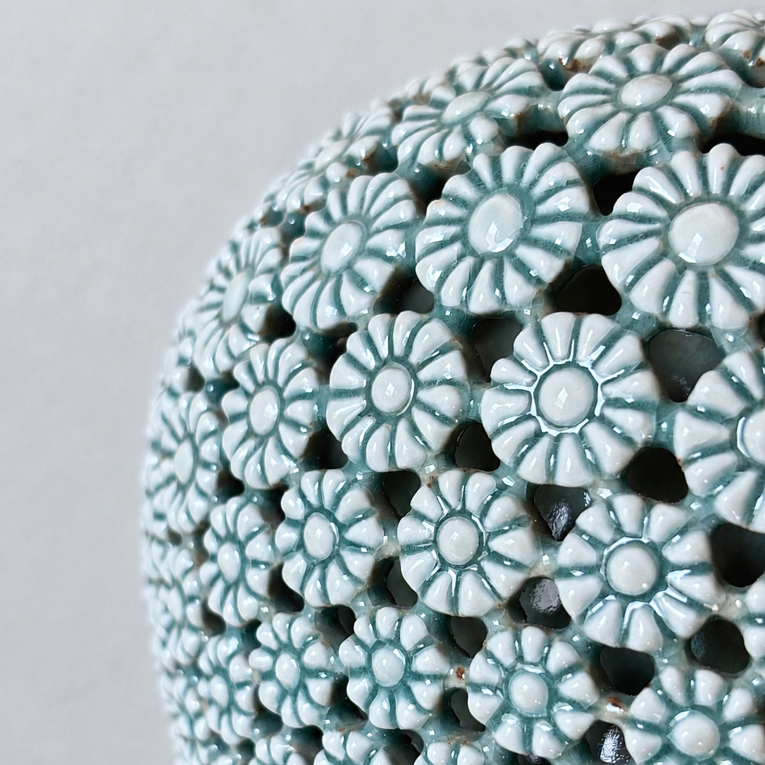 Celadon Double-Walled Openwork Long Neck Vessel: Chrysanthemum Motif