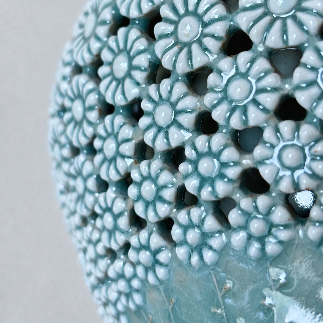 Celadon Double-Walled Openwork Long Neck Vessel: Chrysanthemum Motif