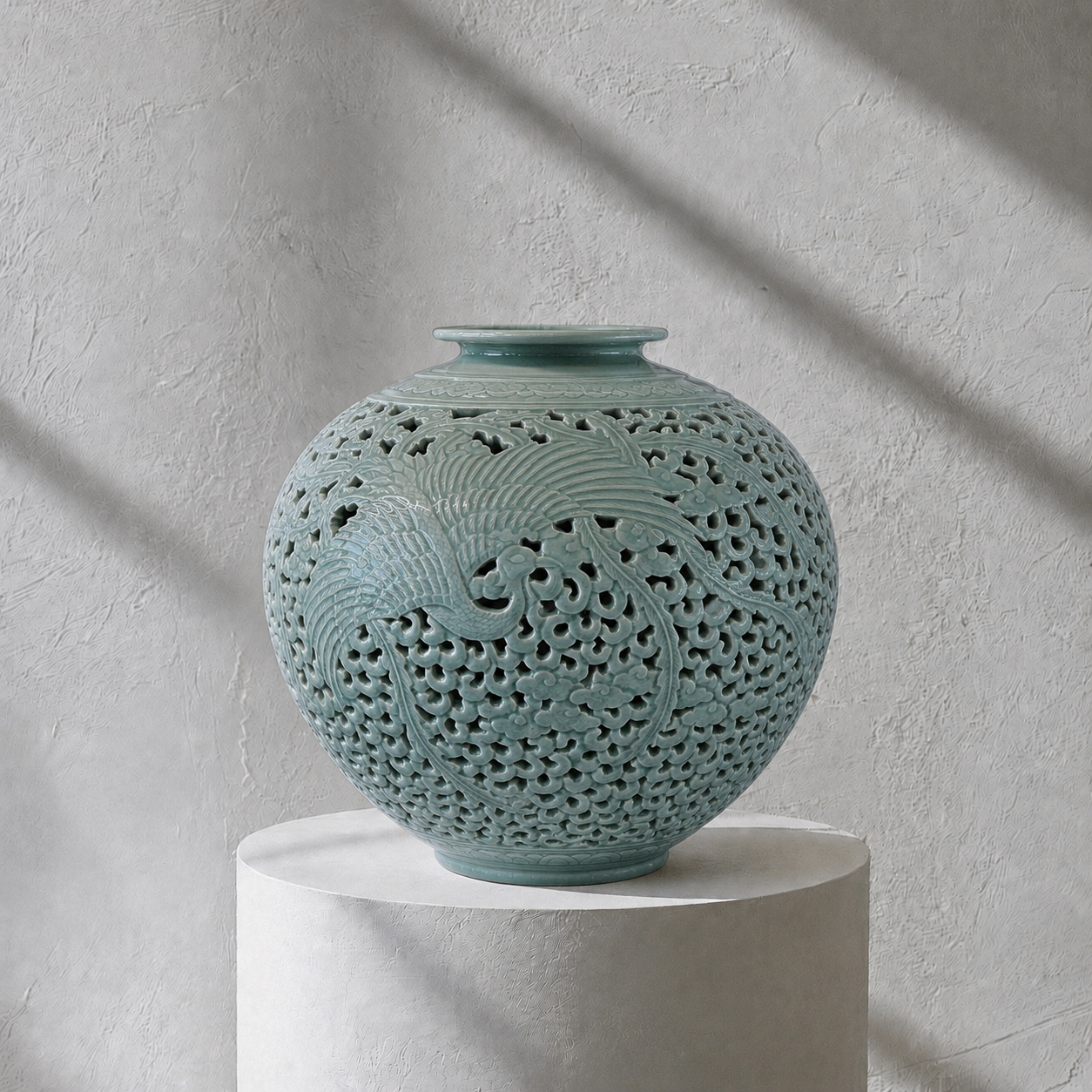 Doppelwandige durchbrochene Celadon-Flaschenvase: Chrysanthemenmotiv