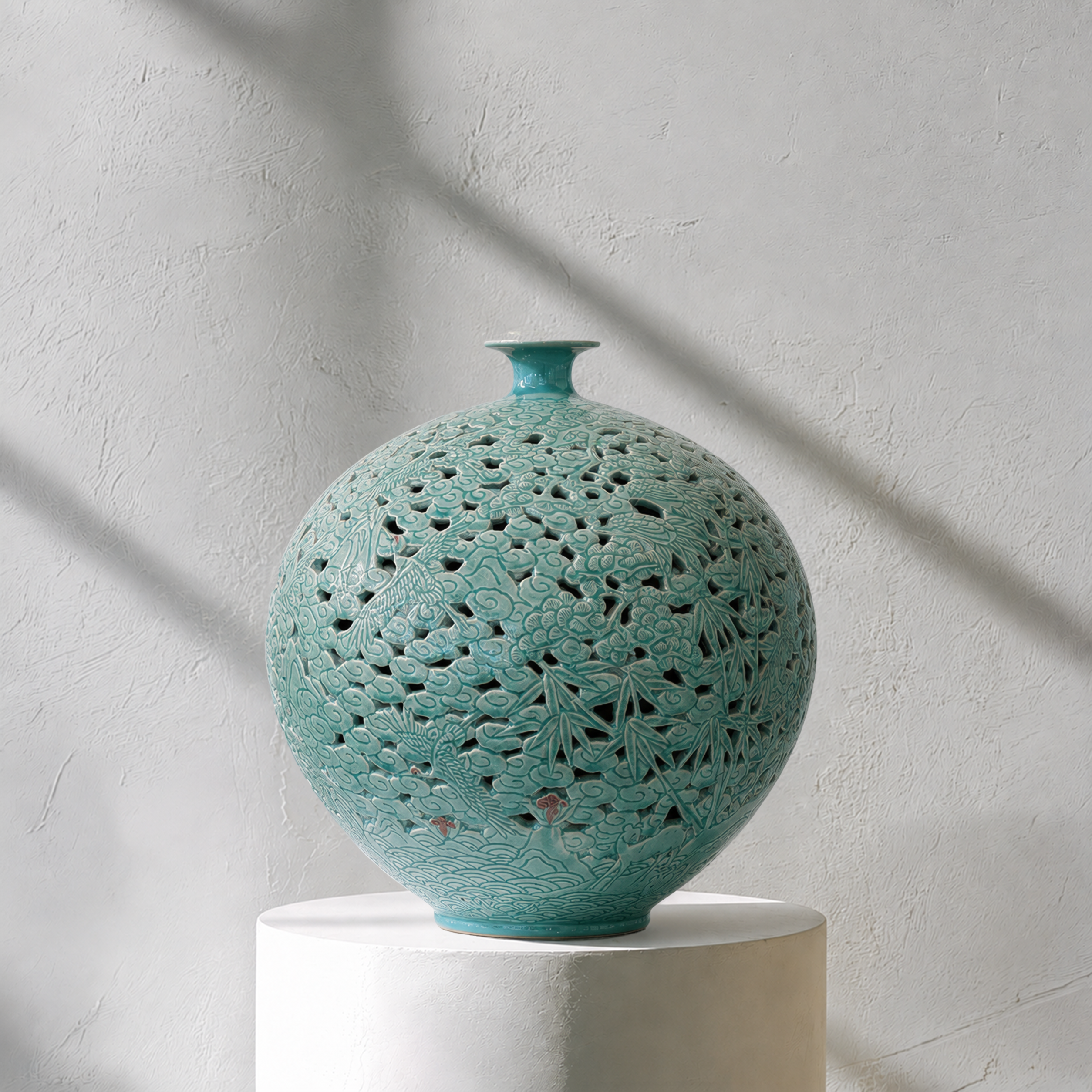 Doppelwandige durchbrochene Celadon-Flaschenvase: Chrysanthemenmotiv