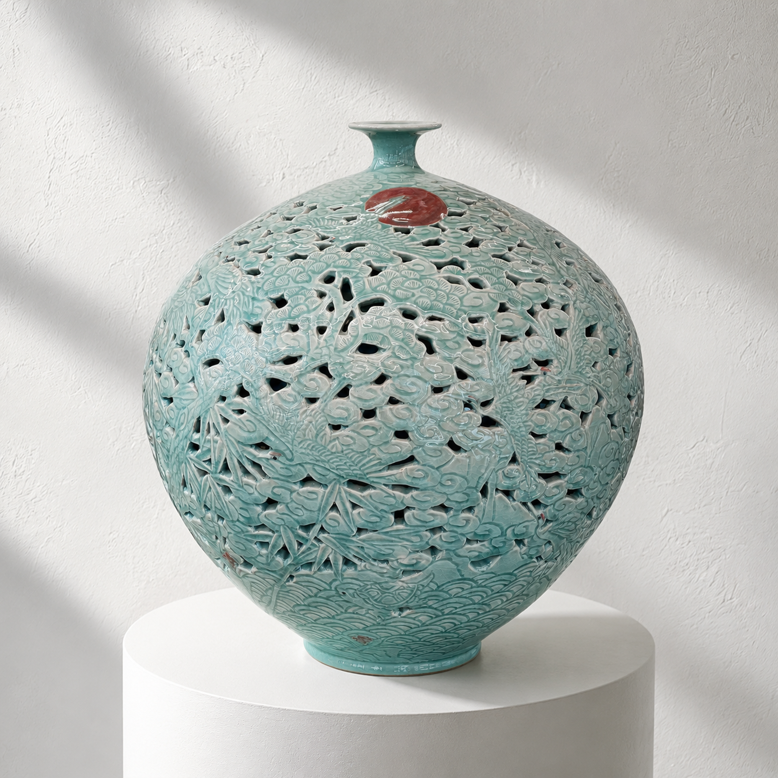 Doppelwandige durchbrochene Celadon-Flaschenvase: Chrysanthemenmotiv