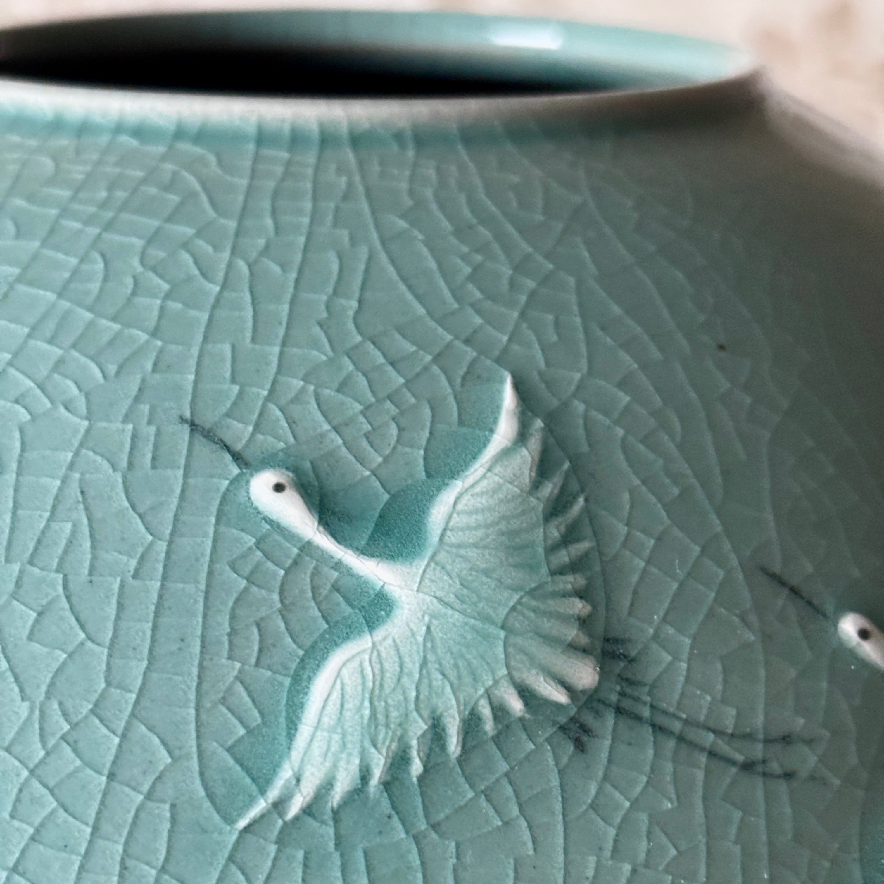 Celadon Jar (Ho): Relief-Carved Pair of Cranes Motif