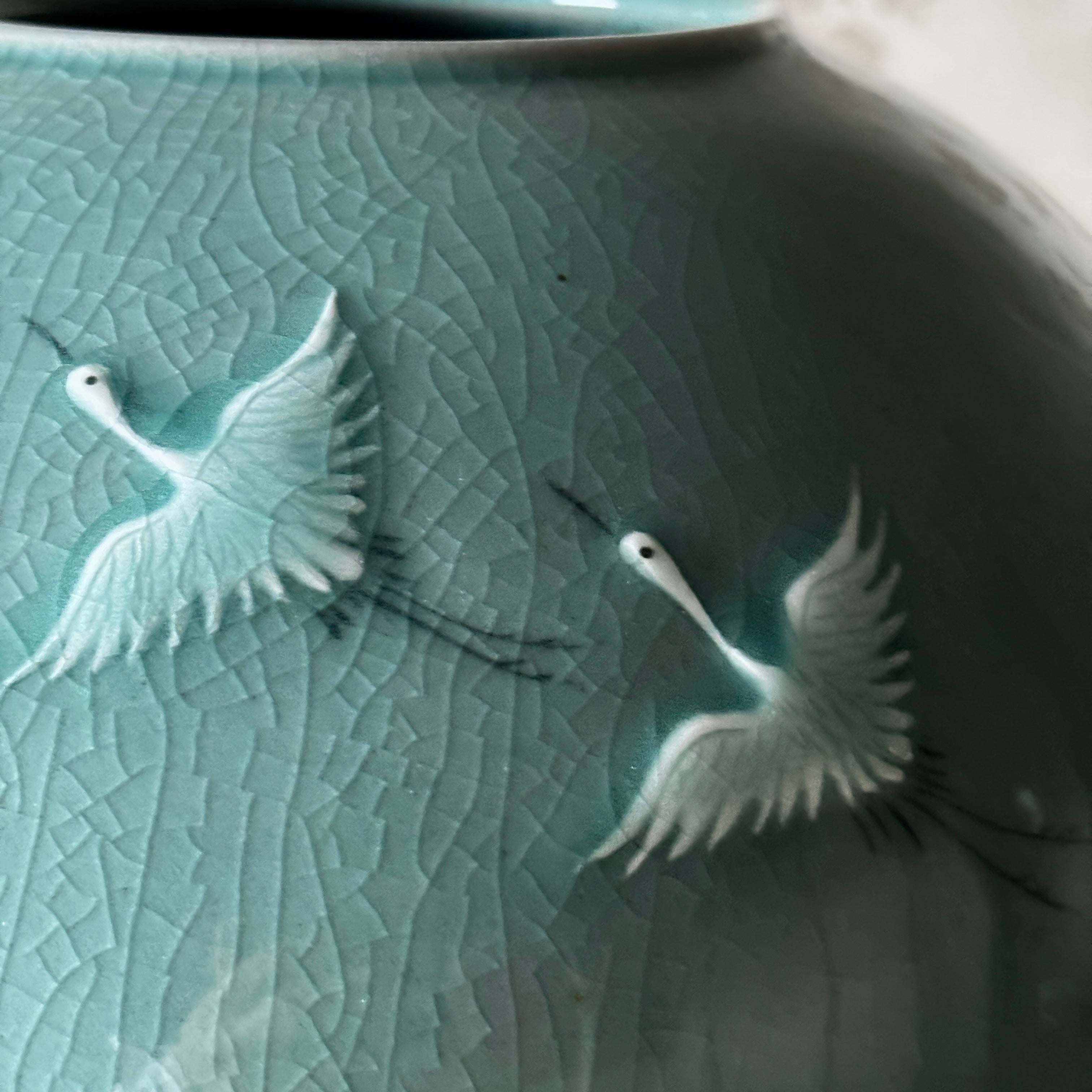 Celadon Jar (Ho): Relief-Carved Pair of Cranes Motif