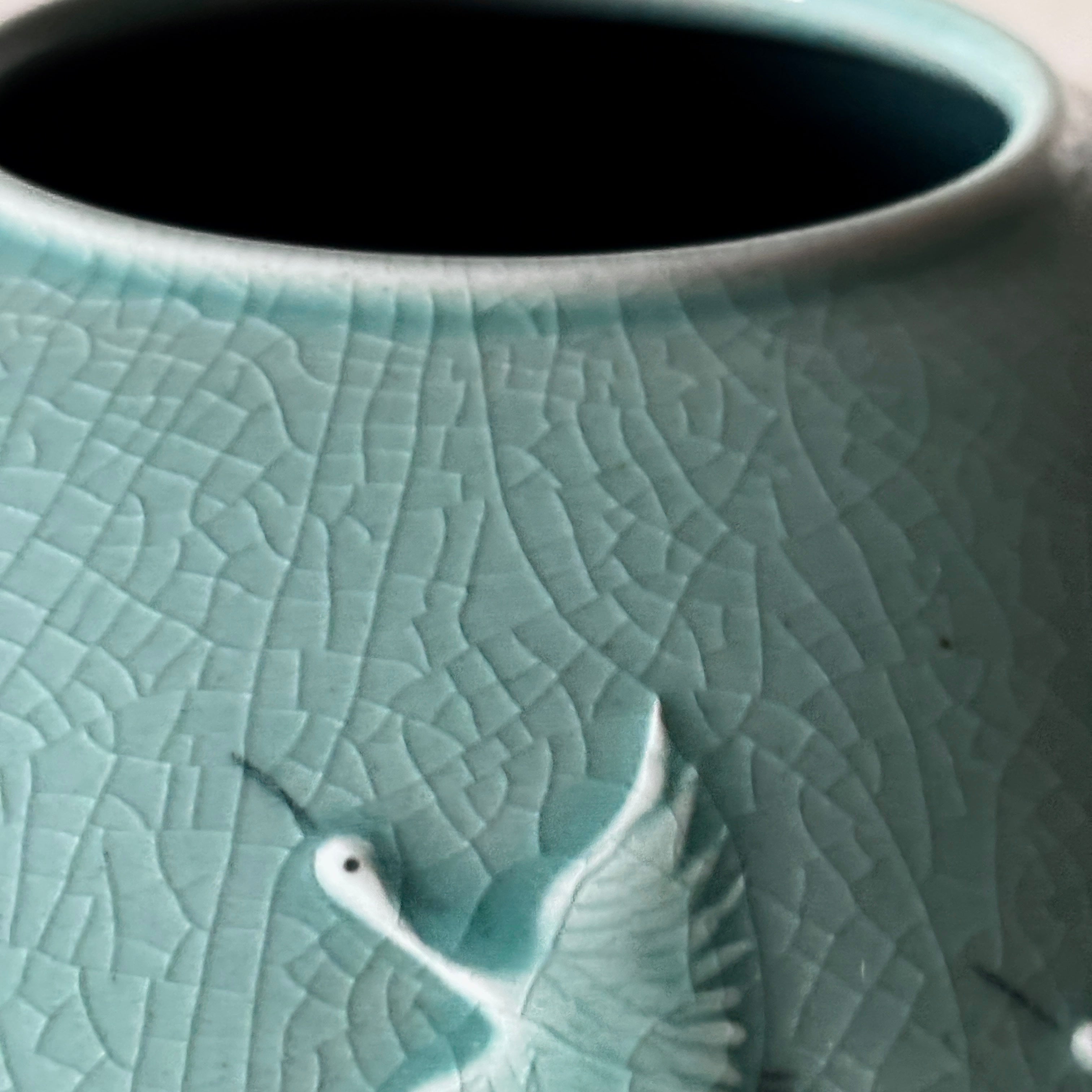 Celadon Jar (Ho): Relief-Carved Pair of Cranes Motif