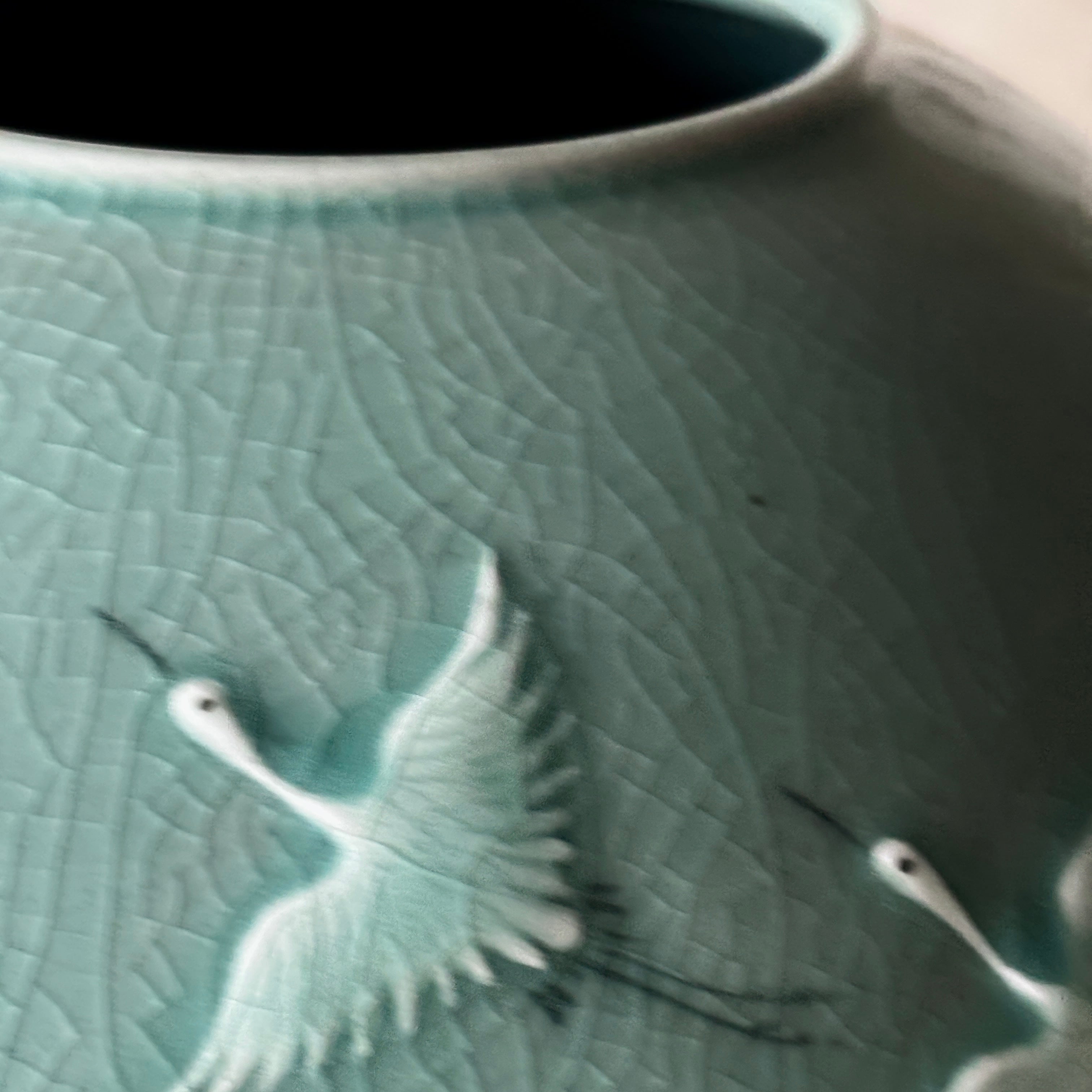 Celadon Jar (Ho): Relief-Carved Pair of Cranes Motif