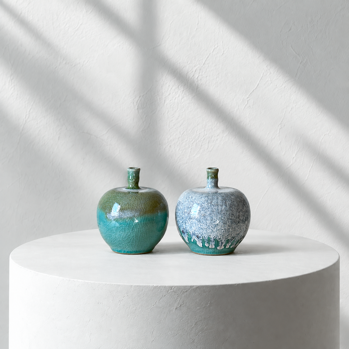 Celadon Apple-Form Vessel Pair: Double-Glazed Finish