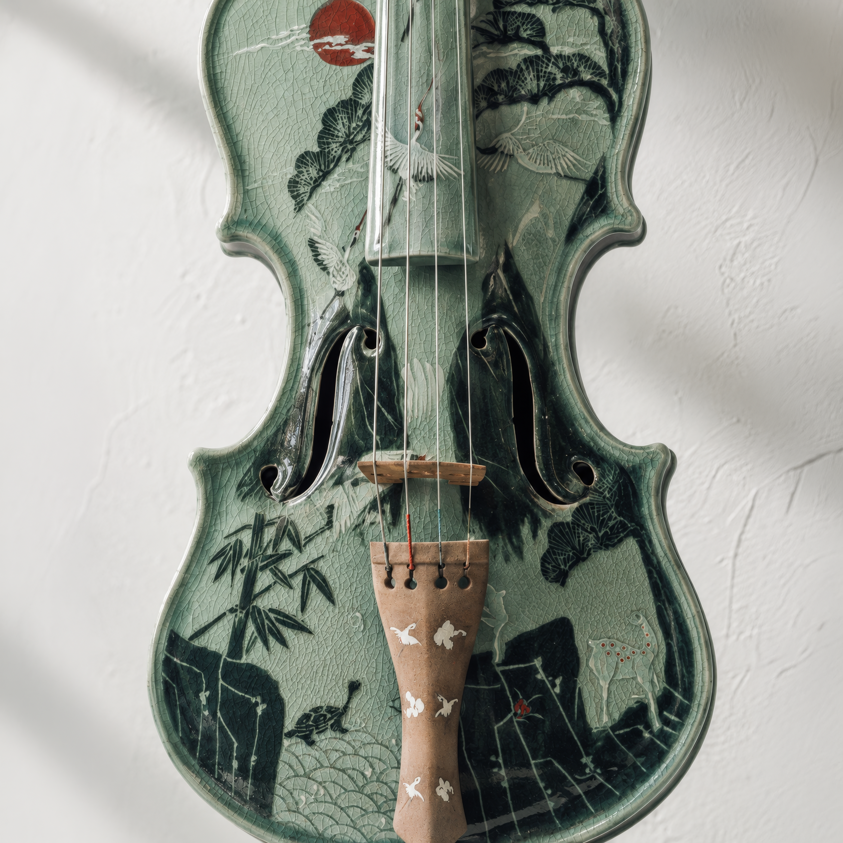 Gayageum en céladon avec motif incrusté de pivoines et de phénix