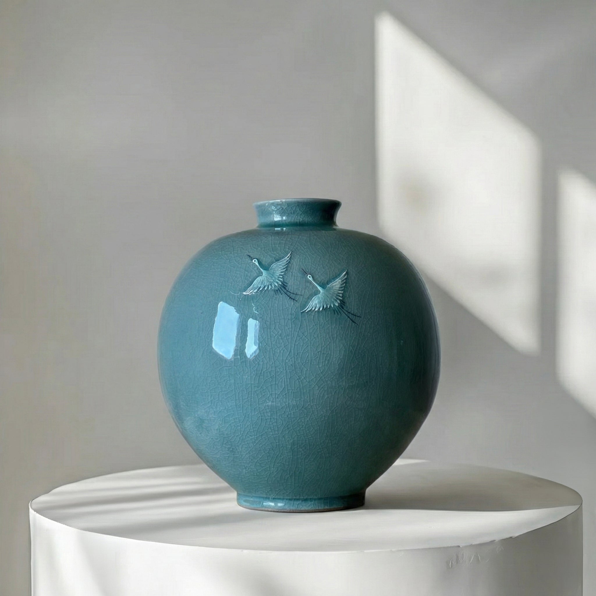 Celadon Vase: High-Relief Pair of Cranes