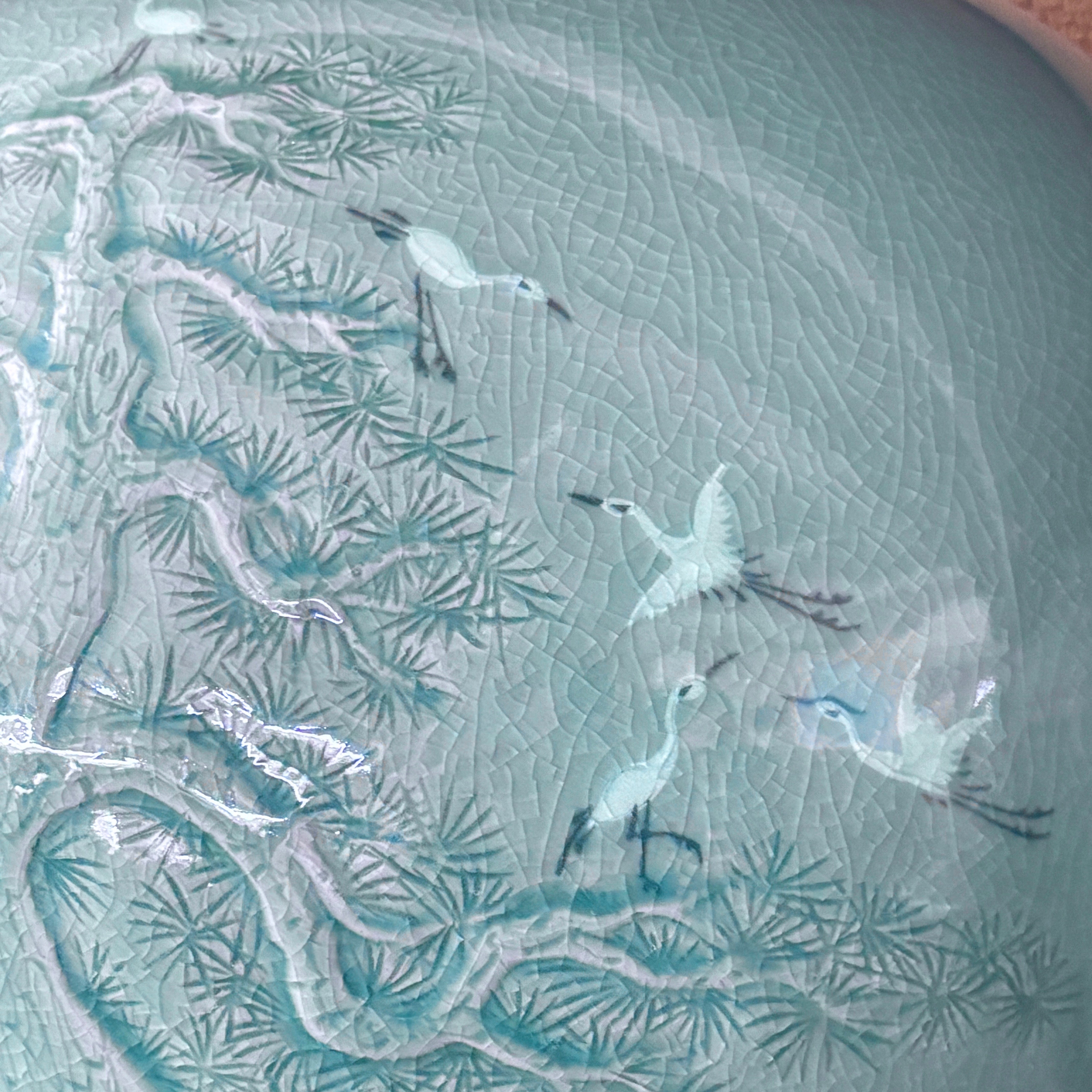 Celadon Jar (Ho): Pine in Relief and Inlaid Crane Motif