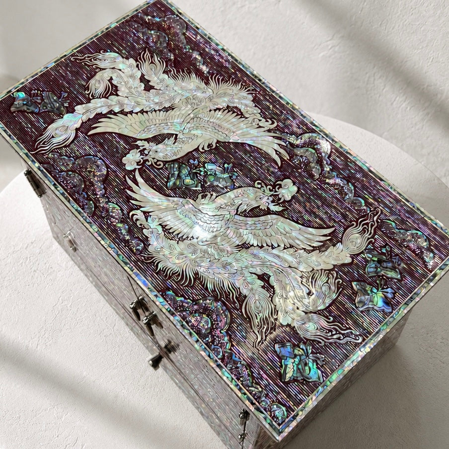 Mother-of-Pearl Double-Door Jewelry Chest: Longevity Motifs