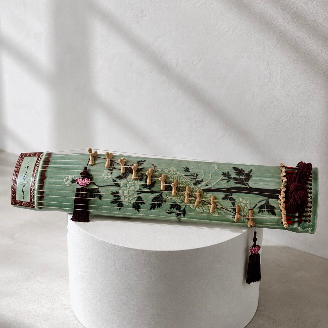 Celadon Gayageum: Inlaid Peony and Phoenix Motif
