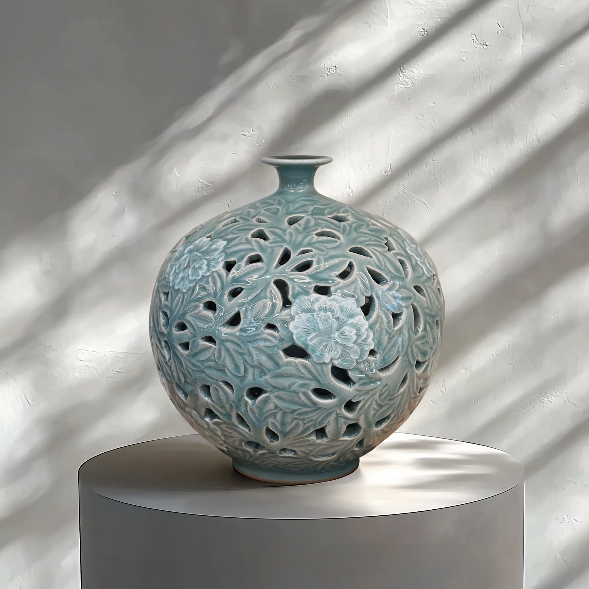 Celadon Vase: Double-Wall Openwork Design with Peony Motif