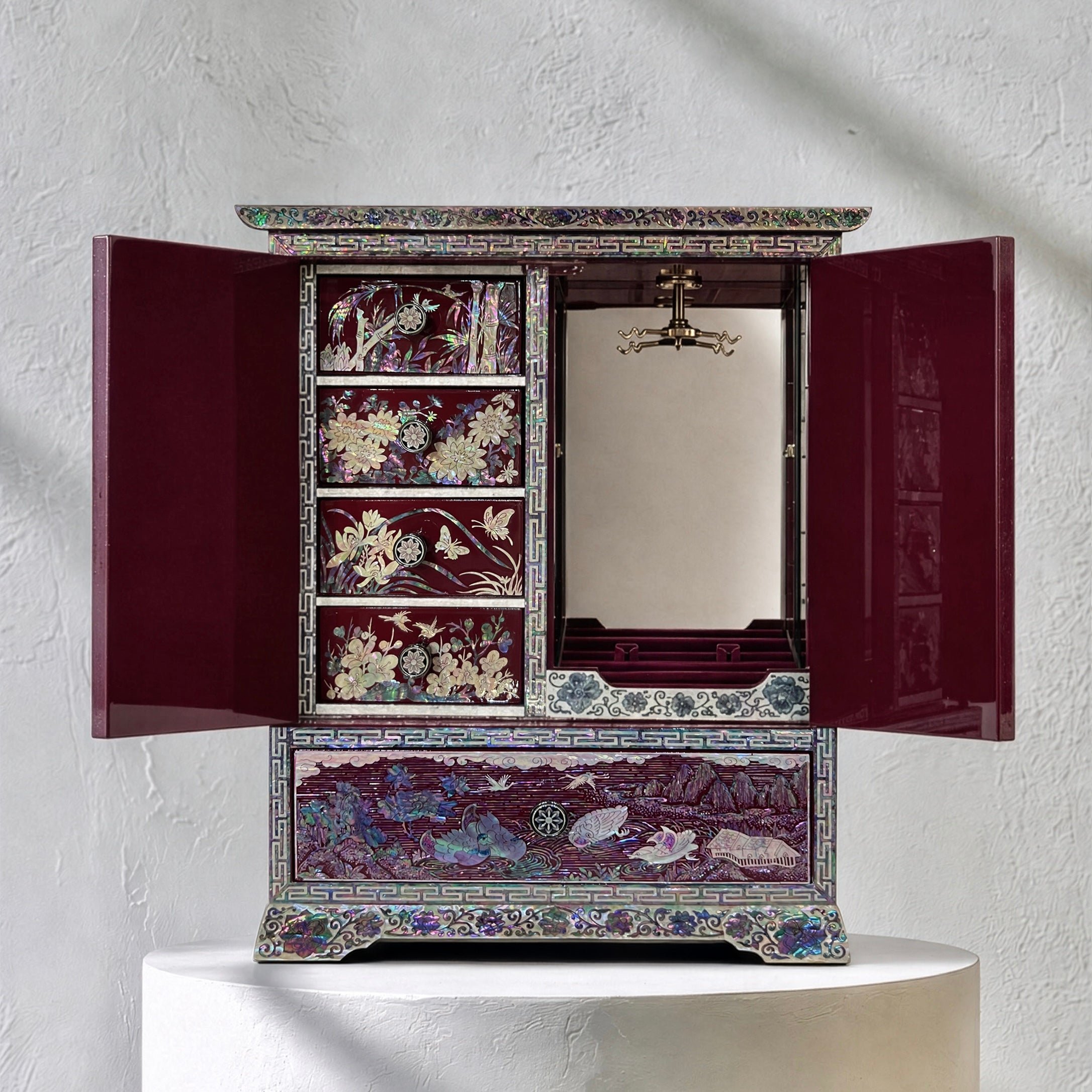 Mother-of-Pearl Double-Door Jewelry Chest: Longevity Motifs