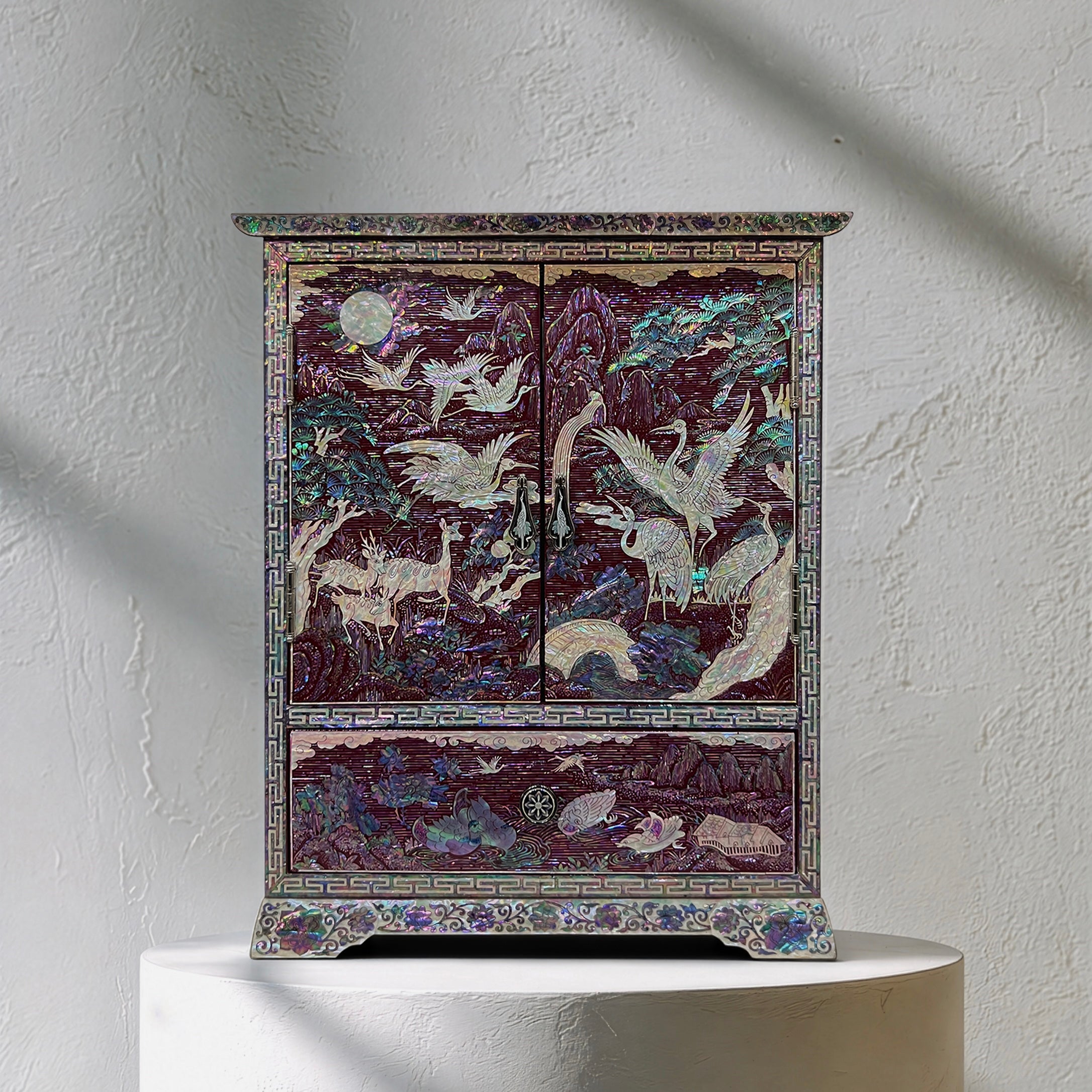 Mother-of-Pearl Double-Door Jewelry Chest: Longevity Motifs