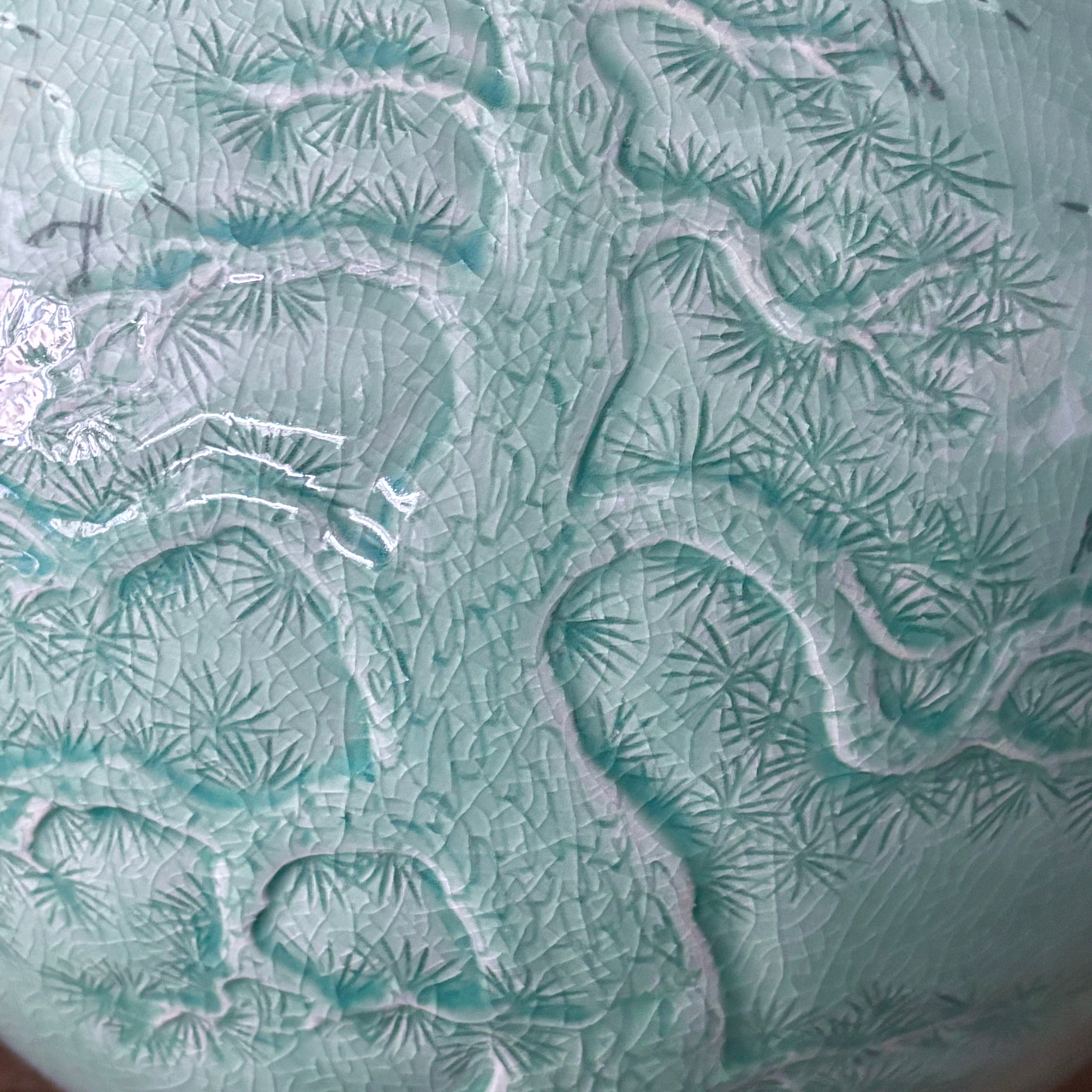 Celadon Jar (Ho): Pine in Relief and Inlaid Crane Motif