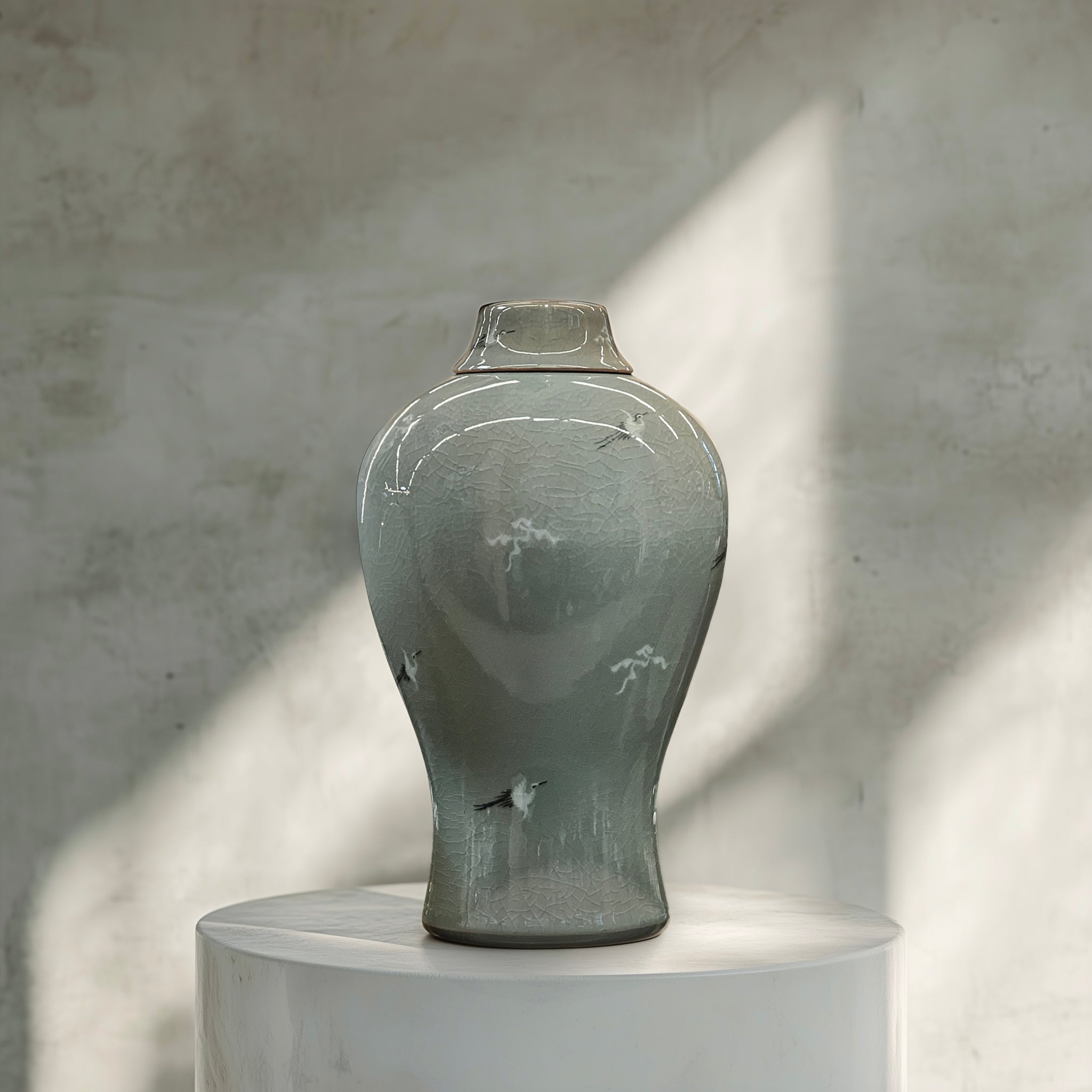 Celadon Maebyeong Vase with Lid: Crane and Cloud Motif