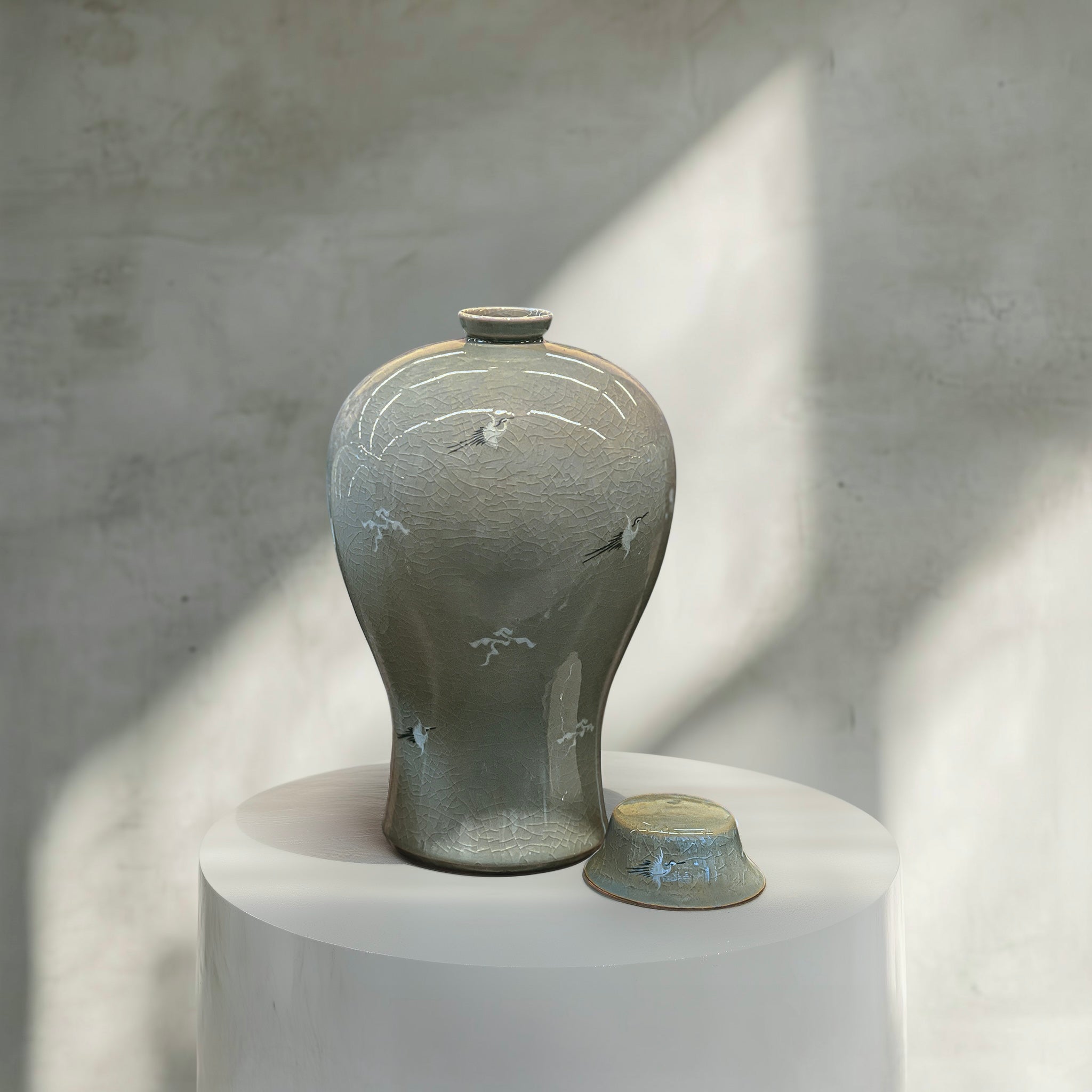 Celadon Maebyeong Vase with Lid: Crane and Cloud Motif