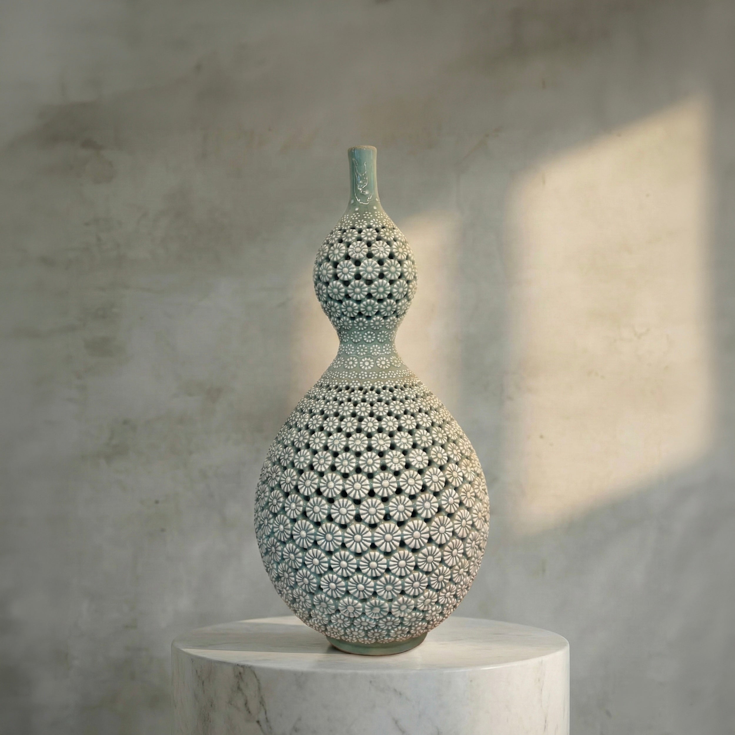 Celadon Double-Walled Openwork Gourd Vase: Chrysanthemum Motif