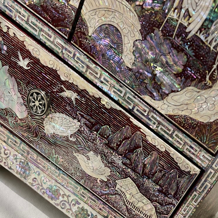 Mother-of-Pearl Double-Door Jewelry Chest: Landscape and Longevity Motifs