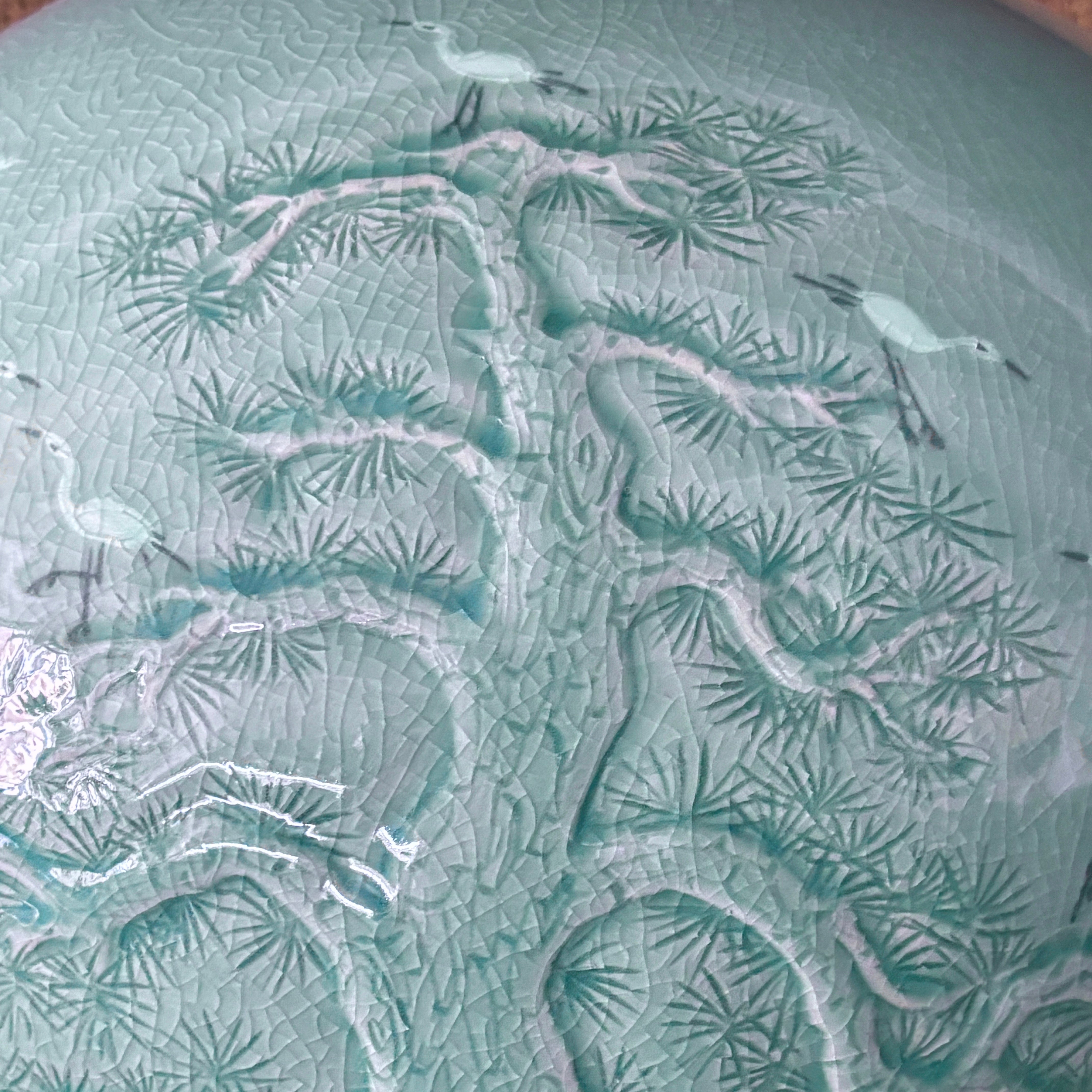 Celadon Jar (Ho): Pine in Relief and Inlaid Crane Motif