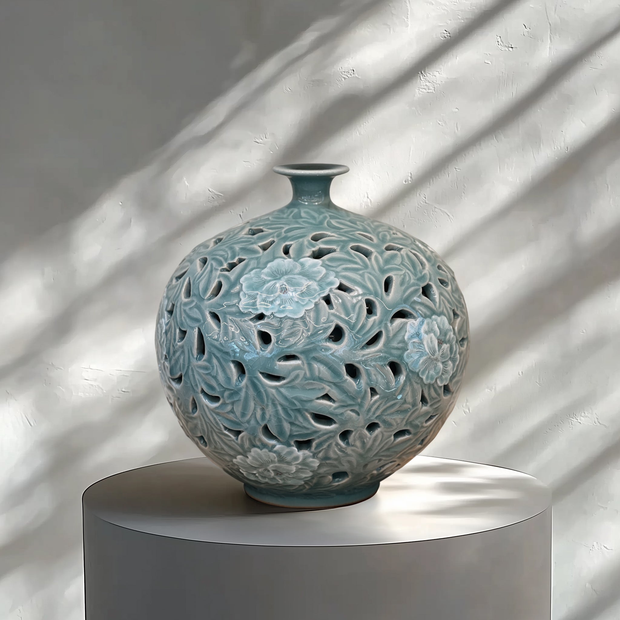 Celadon Vase: Double-Wall Openwork Design with Peony Motif