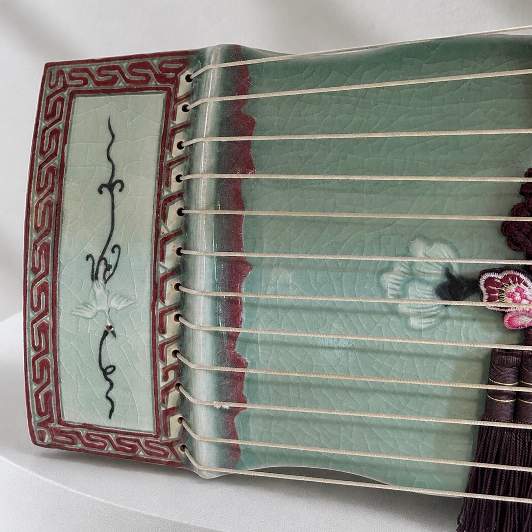 Celadon Gayageum: Inlaid Peony and Phoenix Motif