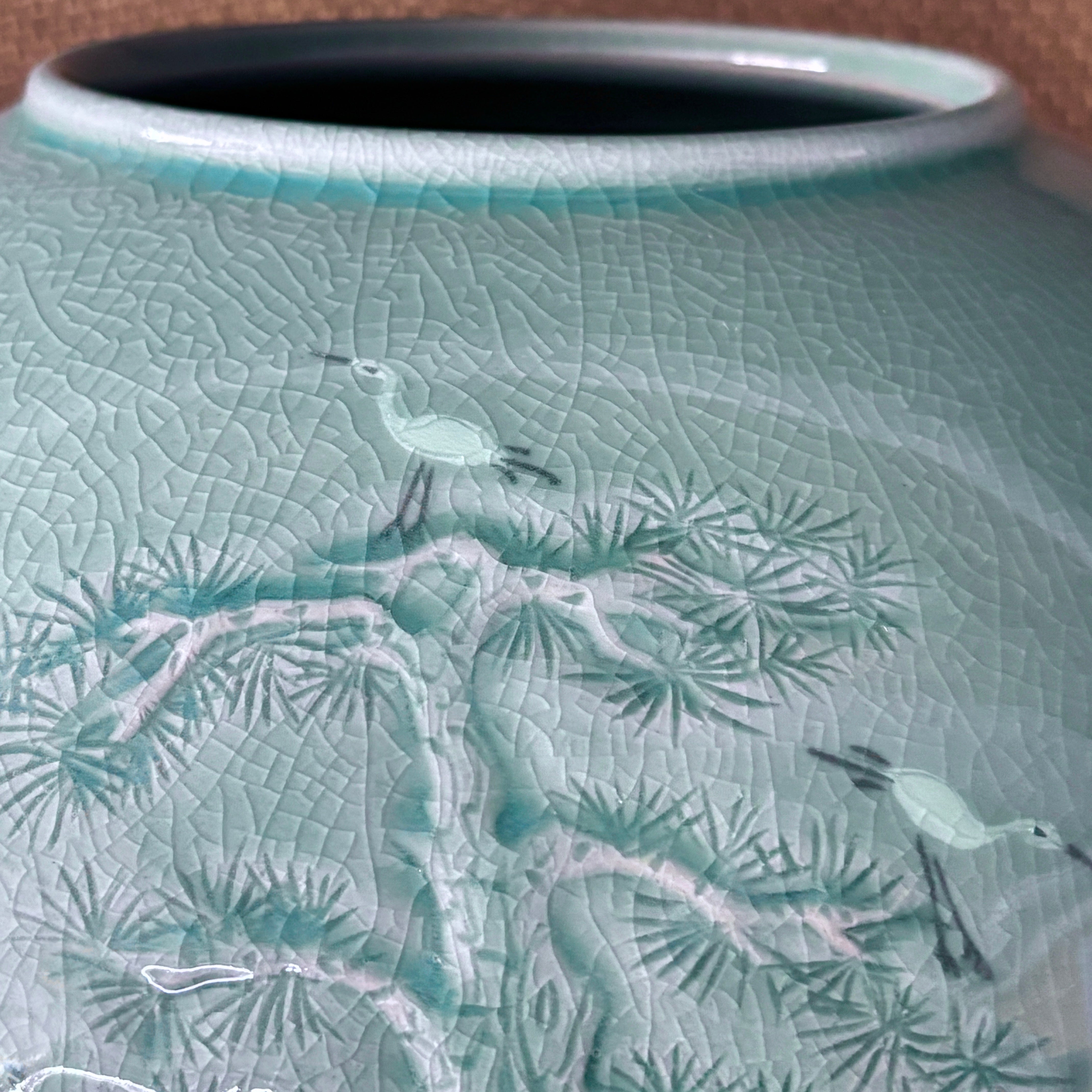 Celadon Jar (Ho): Pine in Relief and Inlaid Crane Motif