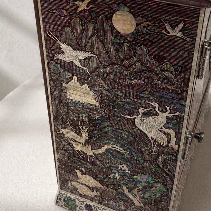 Mother-of-Pearl Double-Door Jewelry Chest: Landscape and Longevity Motifs