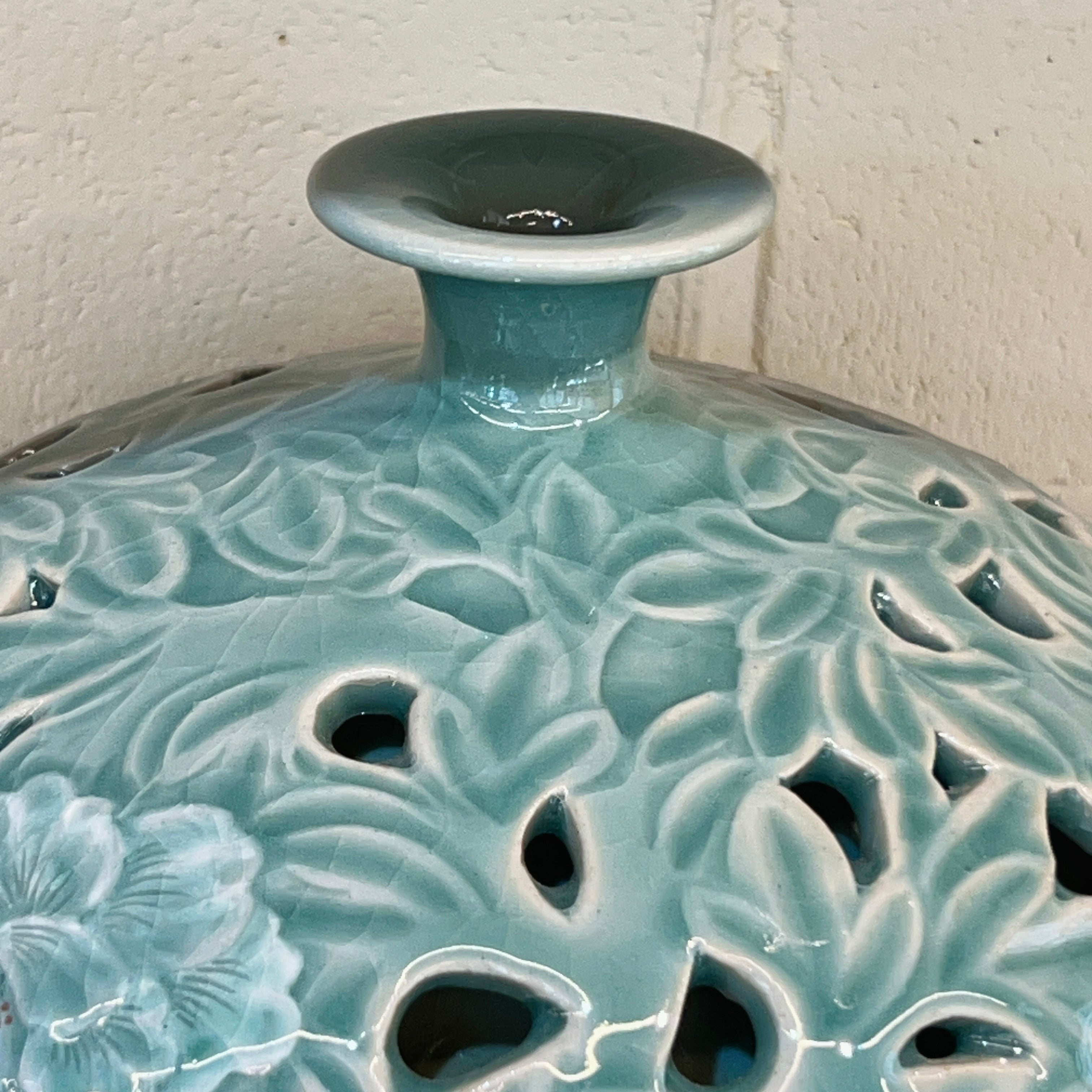 Celadon Vase: Double-Wall Openwork Design with Peony Motif