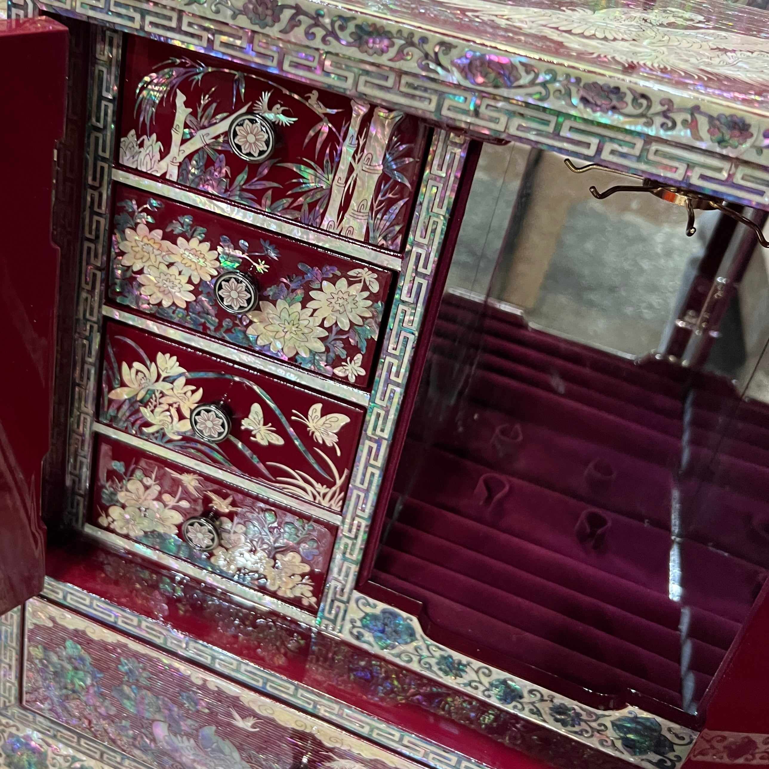 Mother-of-Pearl Double-Door Jewelry Chest: Landscape and Longevity Motifs