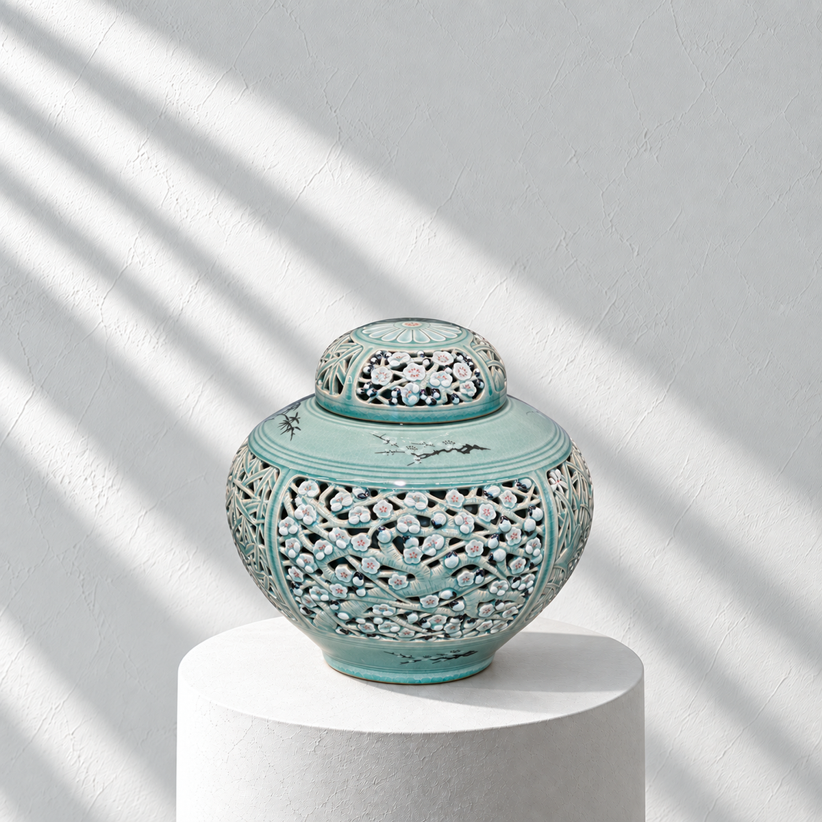 Doppelwandige durchbrochene Celadon-Flaschenvase: Chrysanthemenmotiv