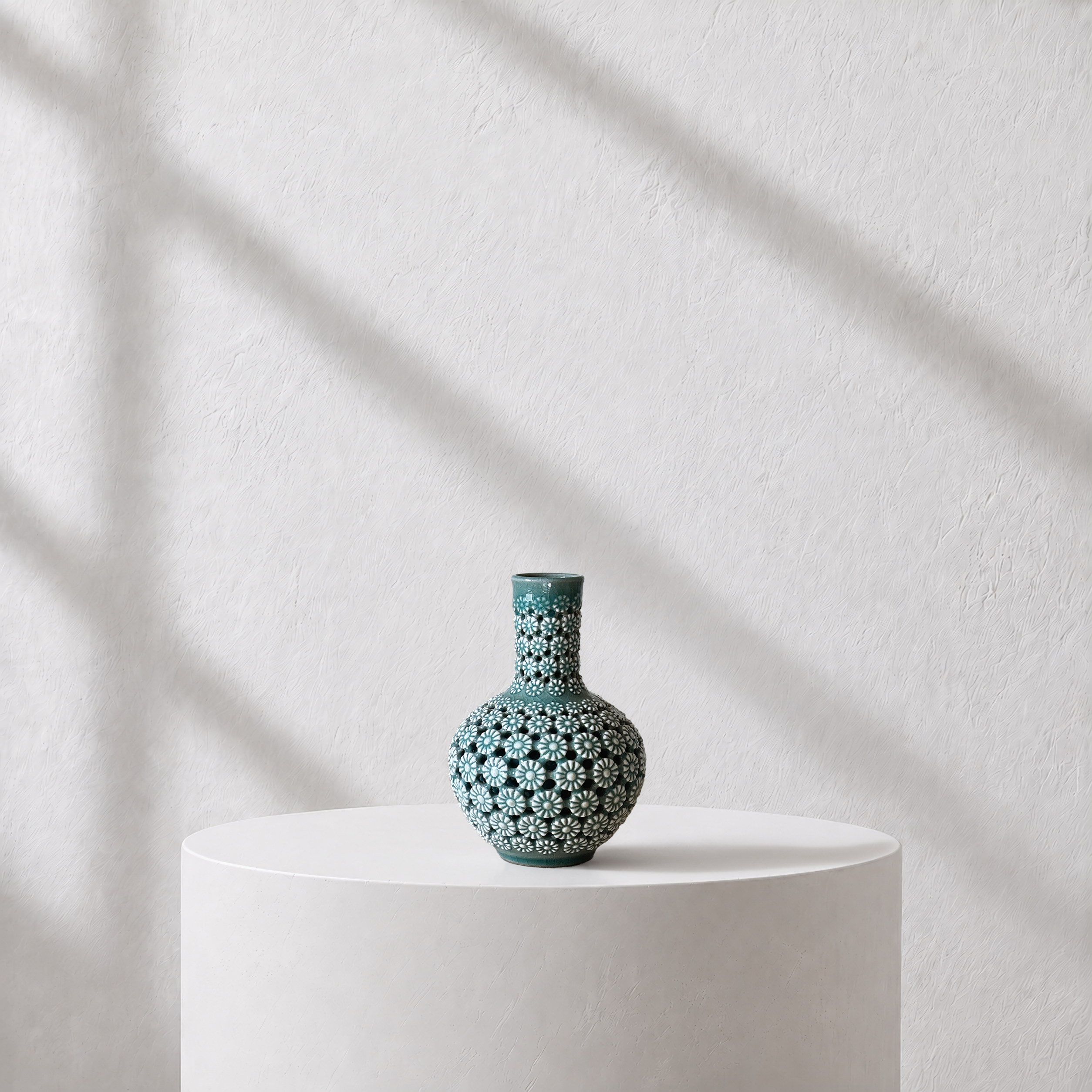 Celadon Double-Walled Openwork Long Neck Vessel: Chrysanthemum Motif