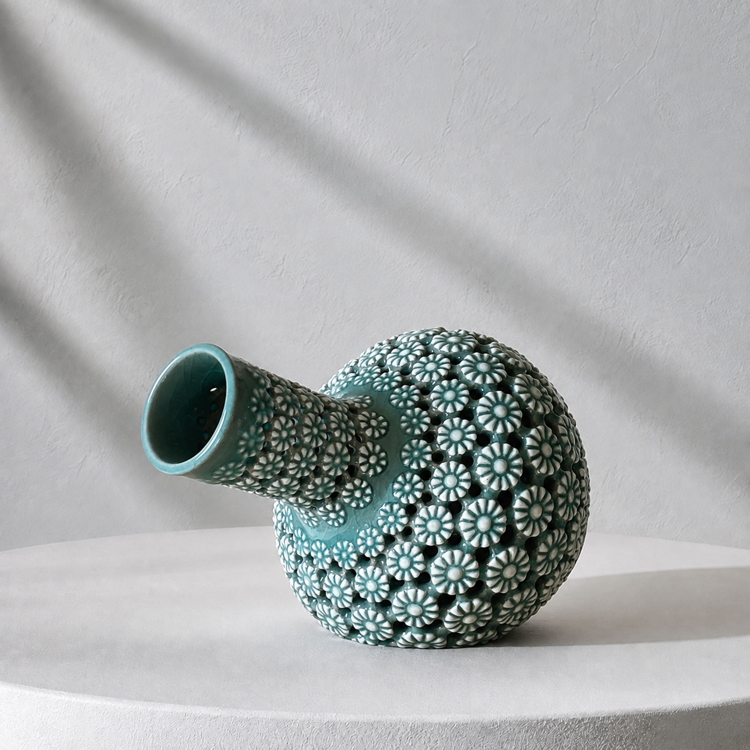 Celadon Double-Walled Openwork Long Neck Vessel: Chrysanthemum Motif