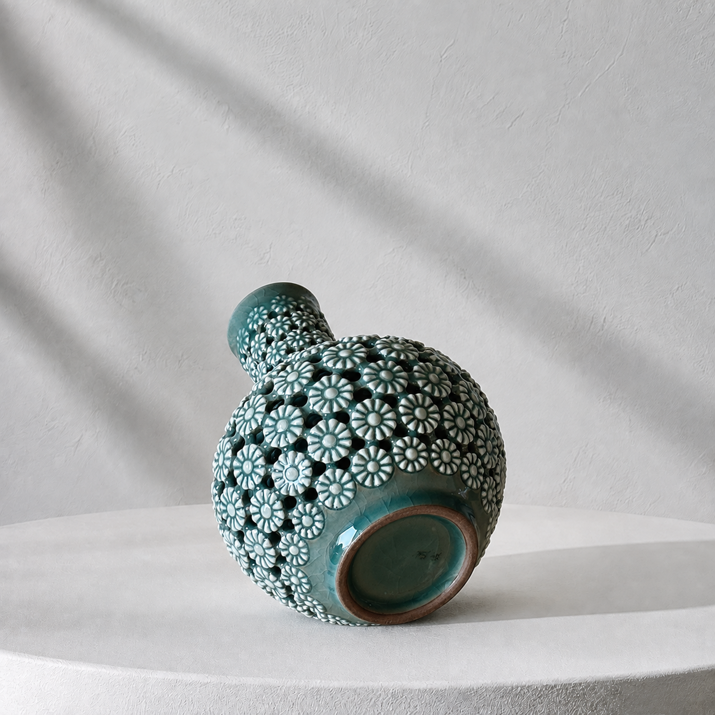 Celadon Double-Walled Openwork Long Neck Vessel: Chrysanthemum Motif