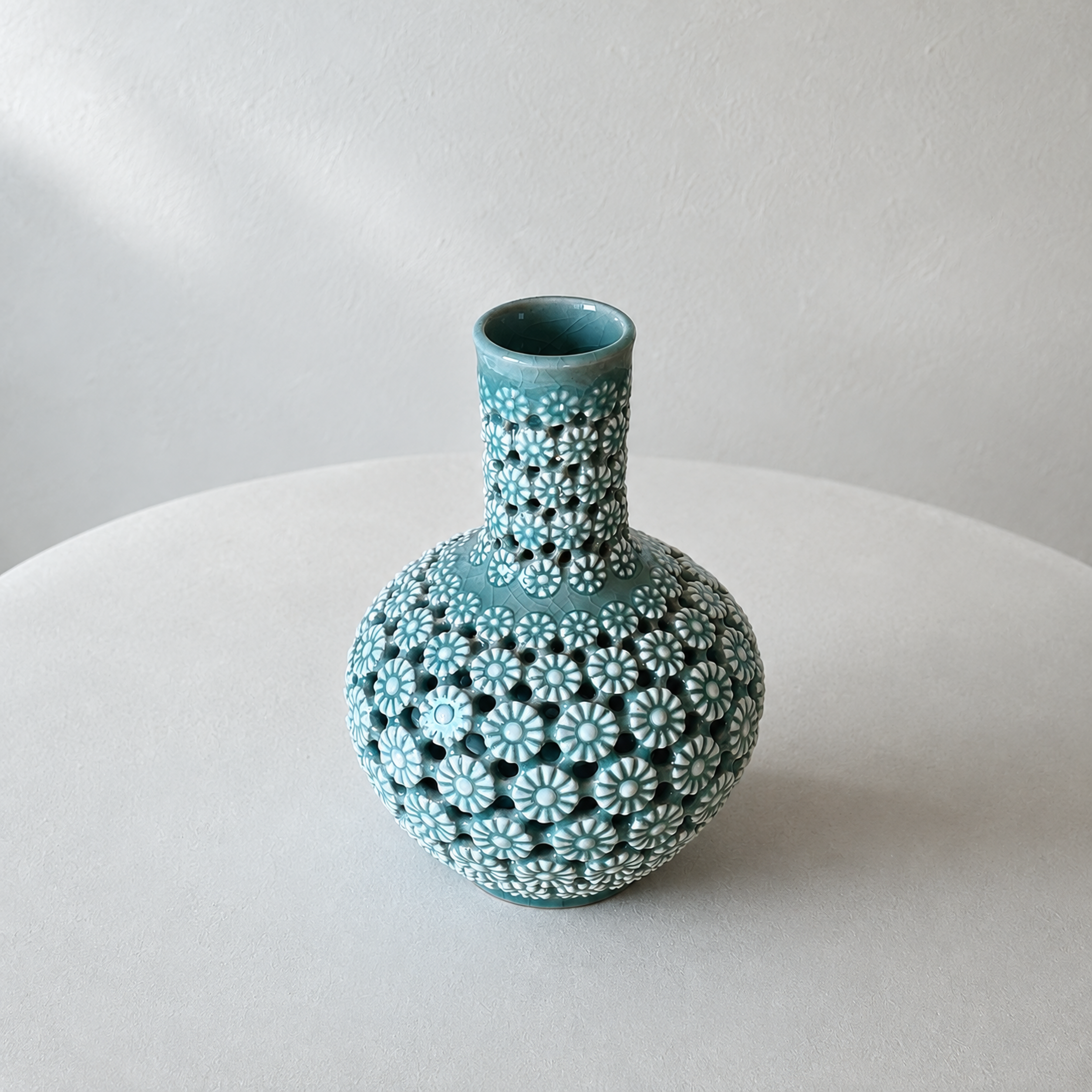 Celadon Double-Walled Openwork Long Neck Vessel: Chrysanthemum Motif