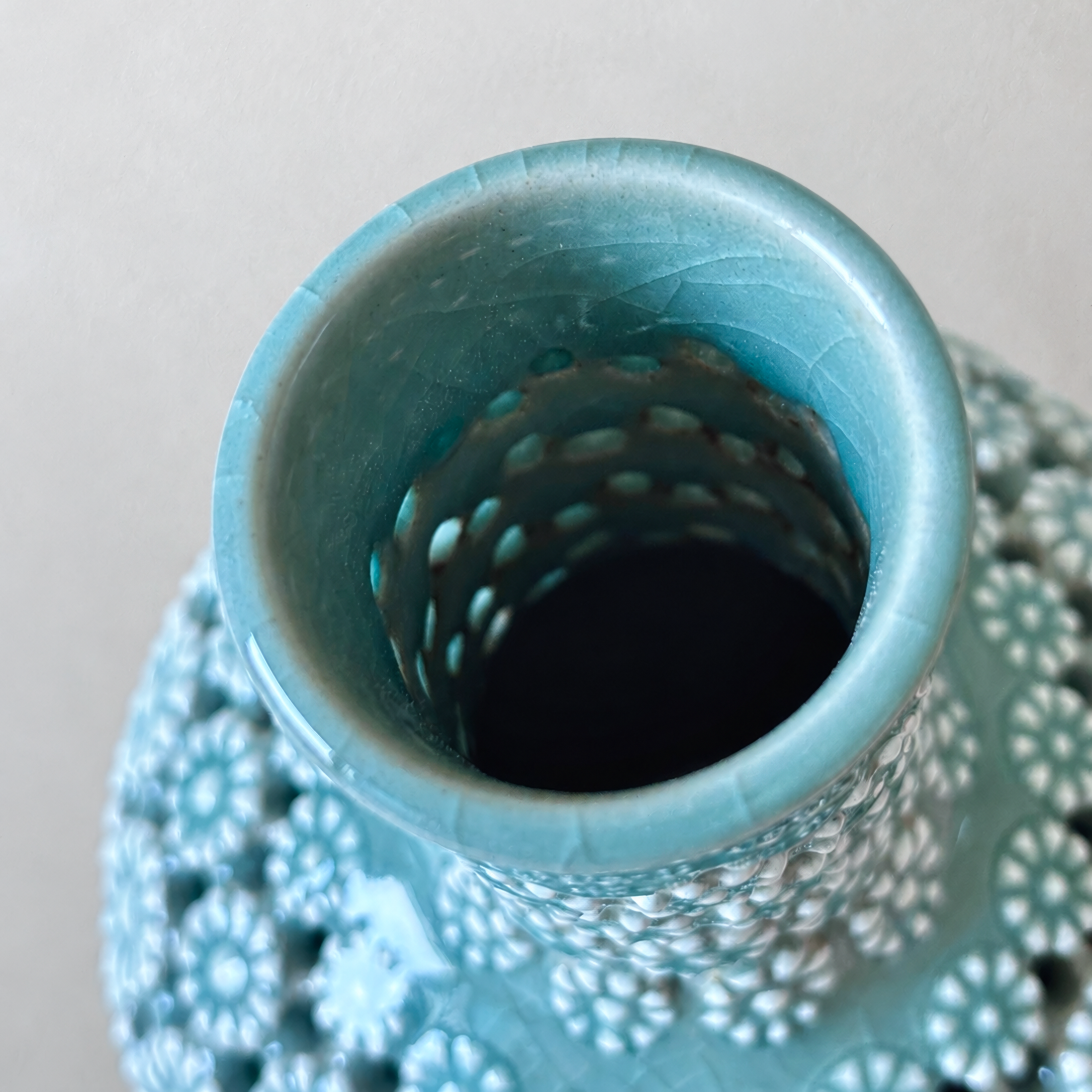 Celadon Double-Walled Openwork Long Neck Vessel: Chrysanthemum Motif