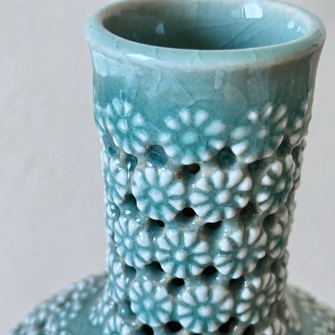 Celadon Double-Walled Openwork Long Neck Vessel: Chrysanthemum Motif