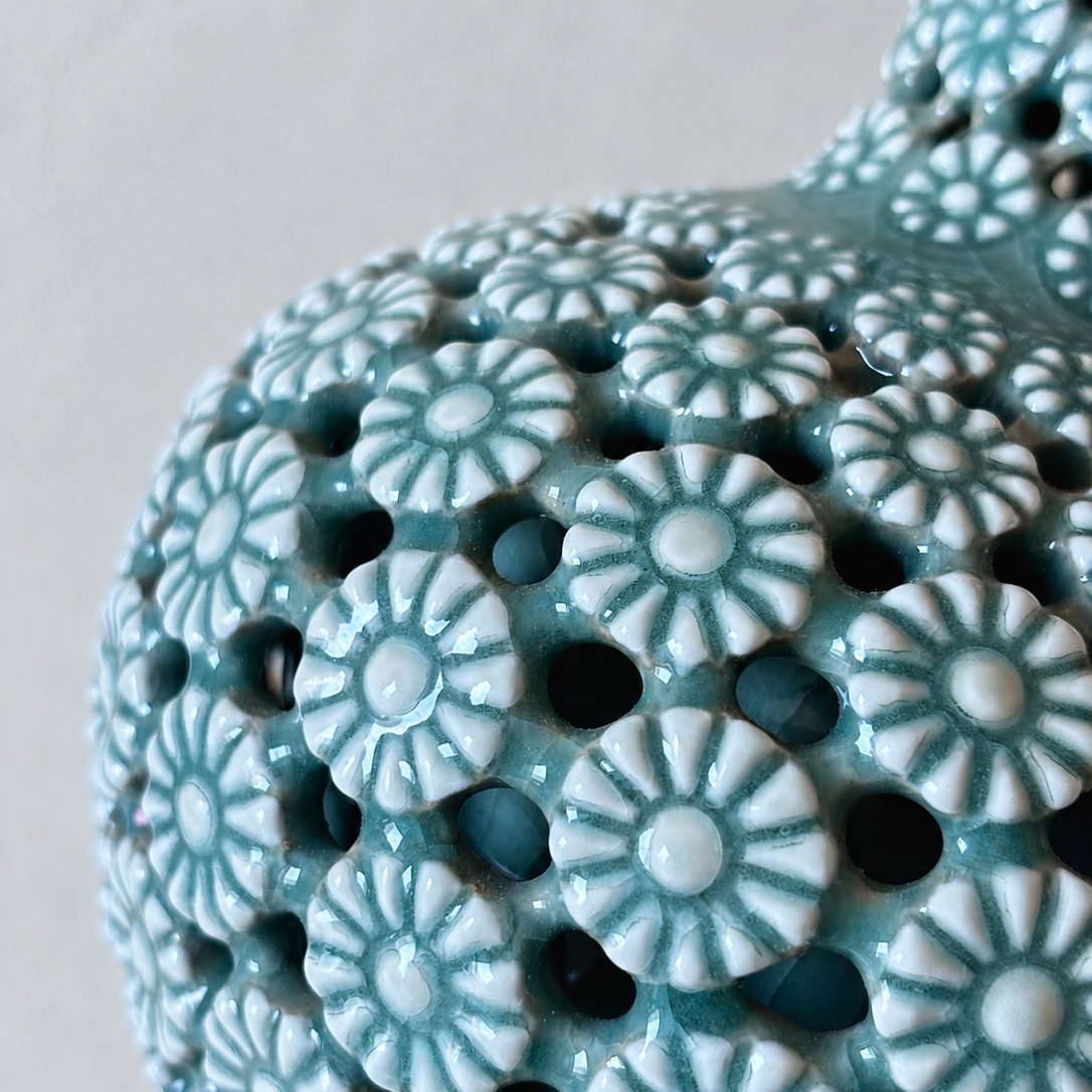 Celadon Double-Walled Openwork Long Neck Vessel: Chrysanthemum Motif