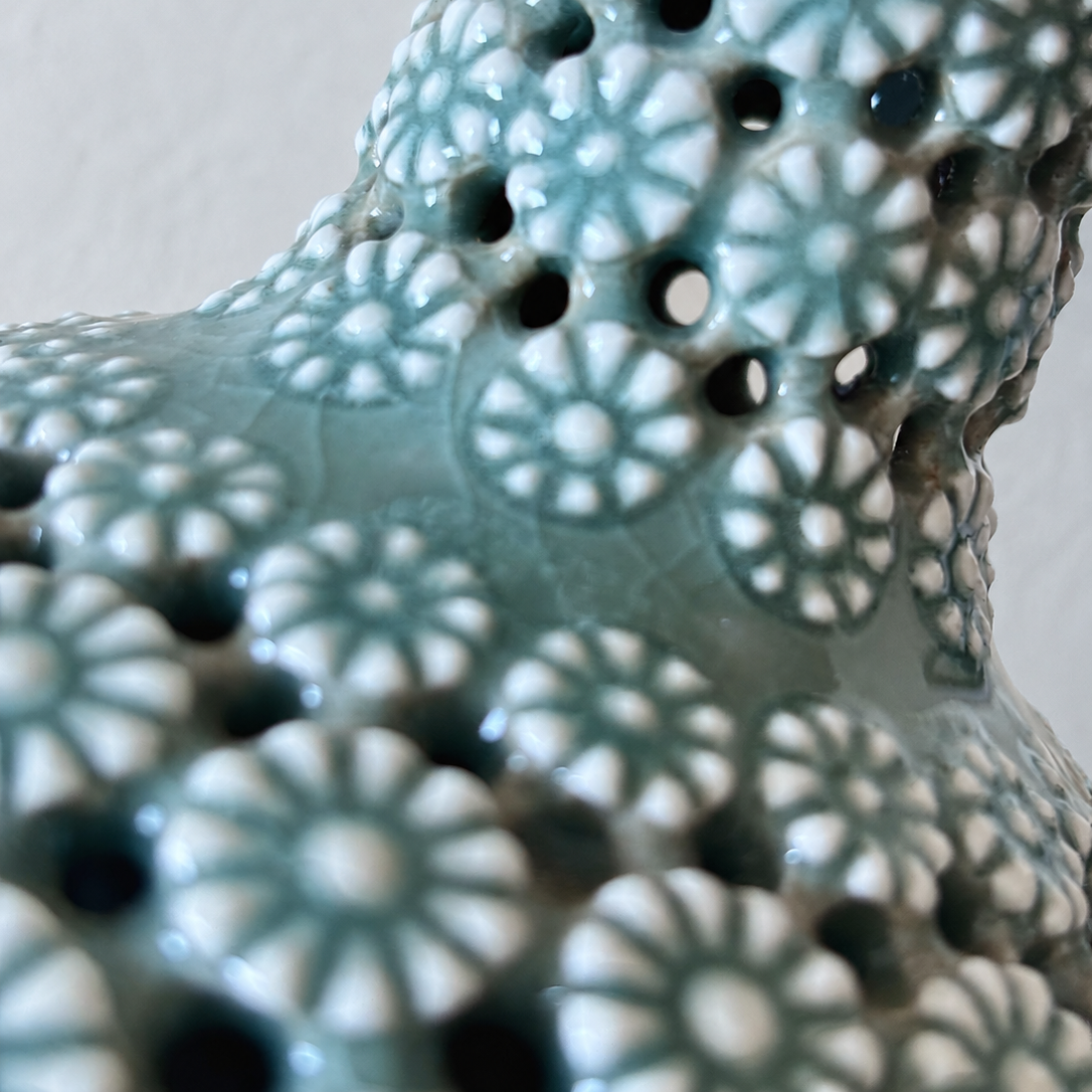 Celadon Double-Walled Openwork Long Neck Vessel: Chrysanthemum Motif