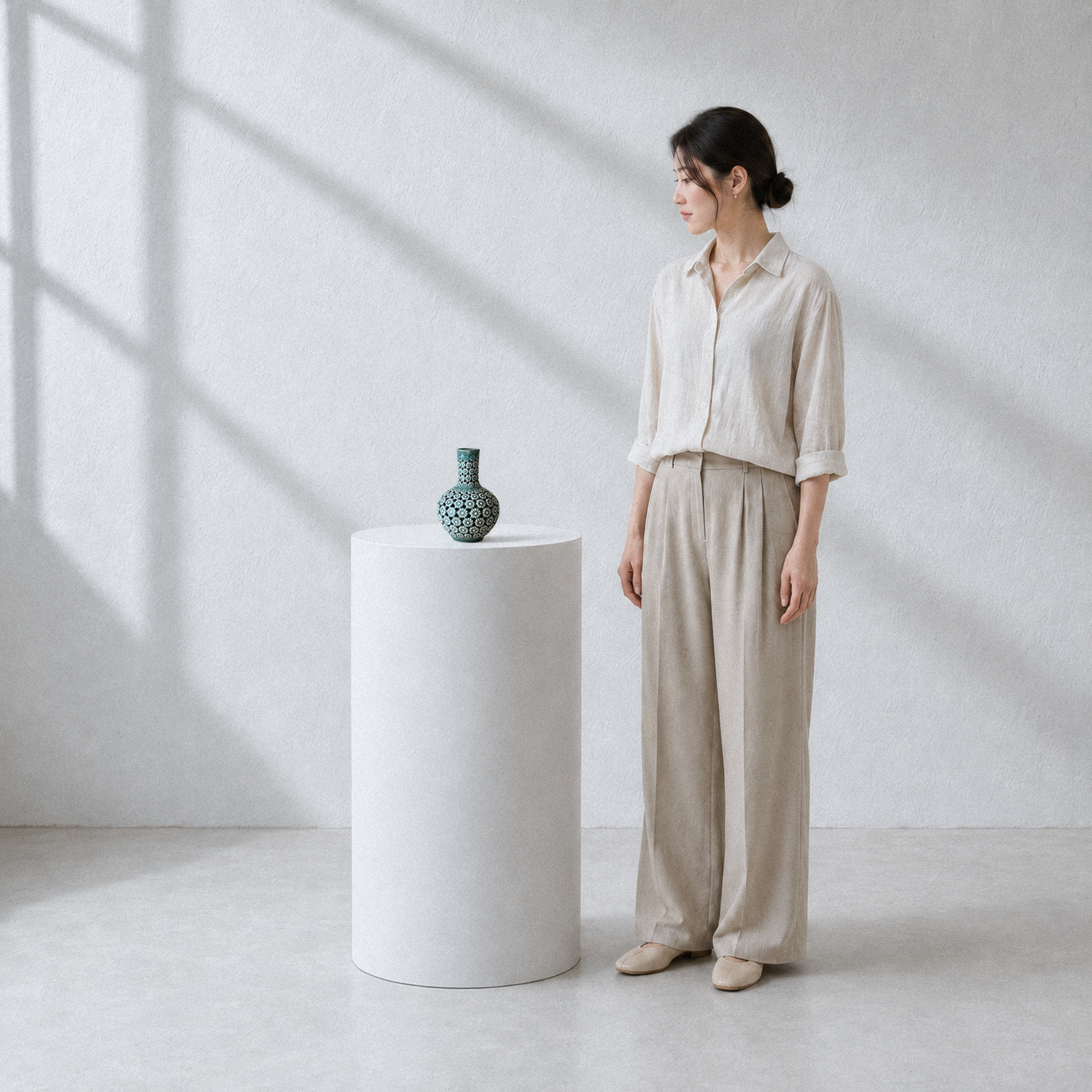 Celadon Double-Walled Openwork Long Neck Vessel: Chrysanthemum Motif