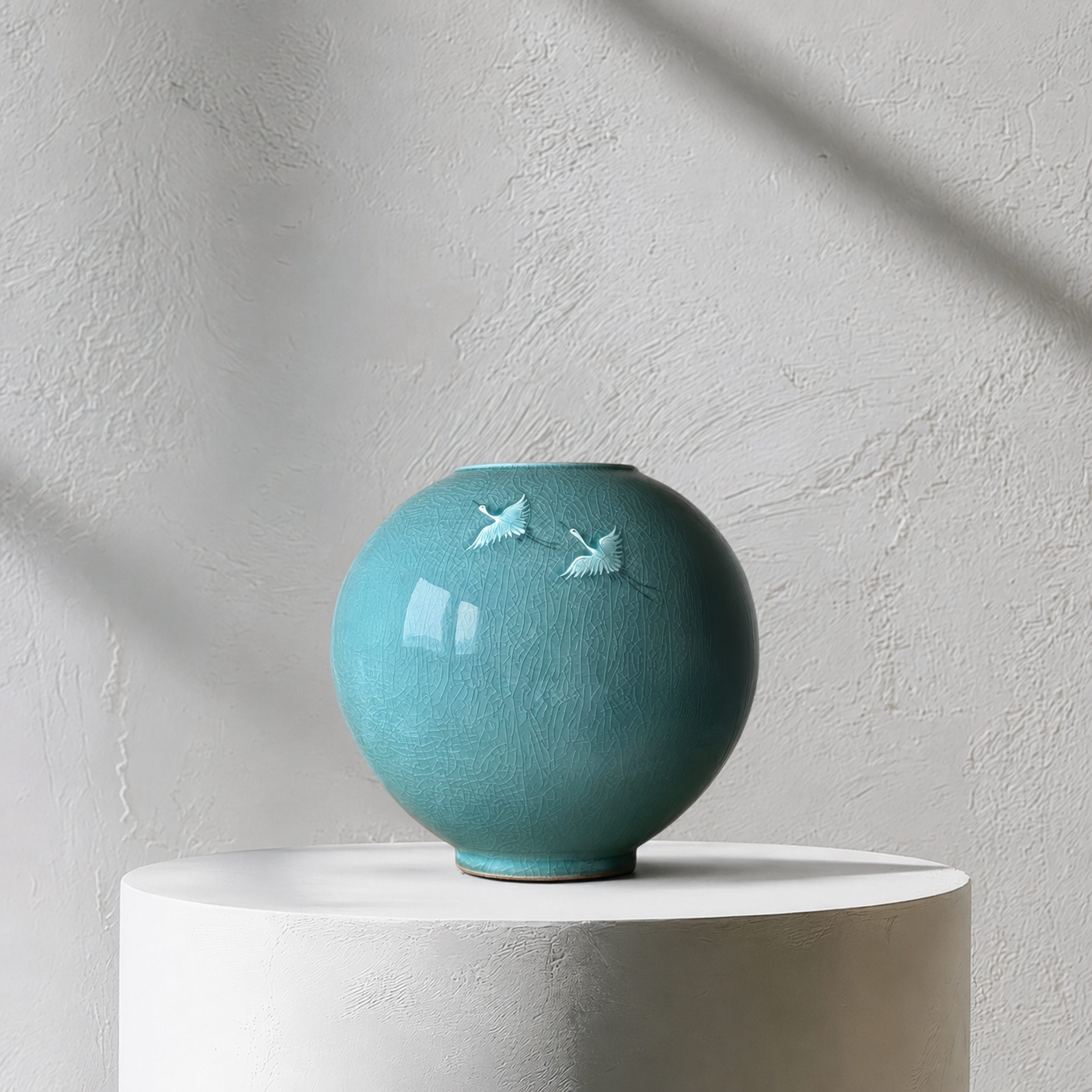 Celadon Jar (Ho): Relief-Carved Pair of Cranes Motif