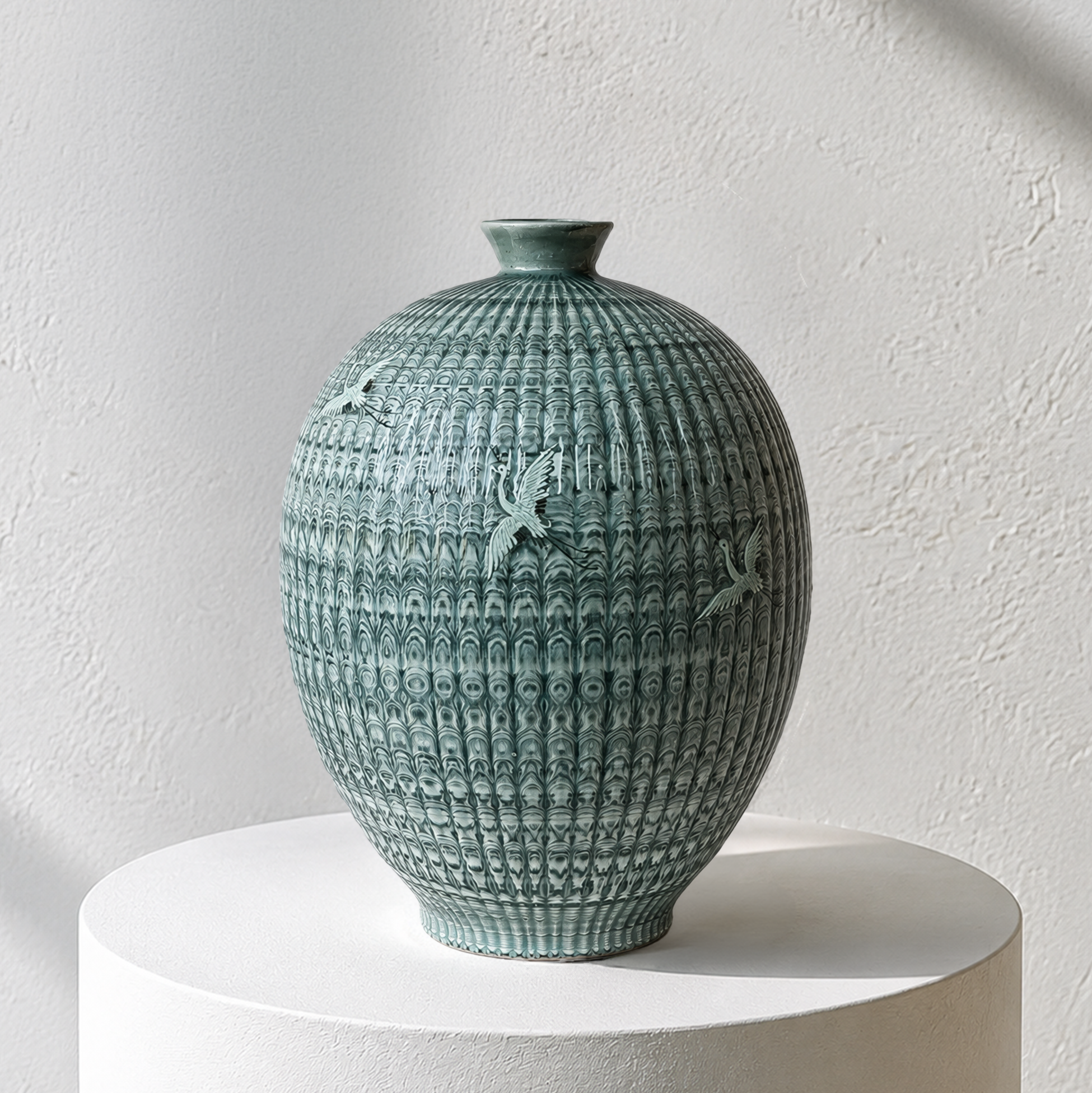 Celadon Long Vessel: Yeollimun Mixed-Clay Technique with Crane Motif, 2024