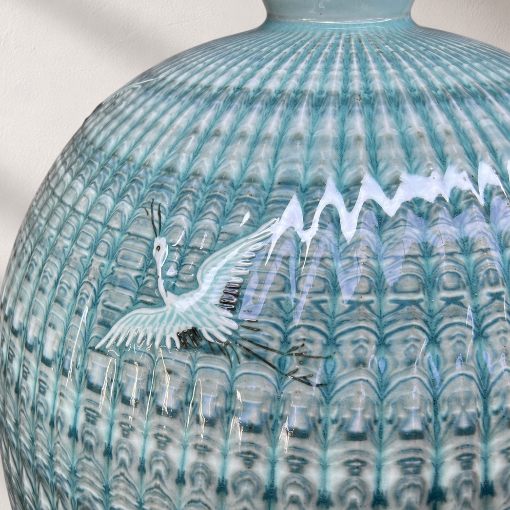 Celadon Long Vessel: Yeollimun Mixed-Clay Technique with Crane Motif, 2024