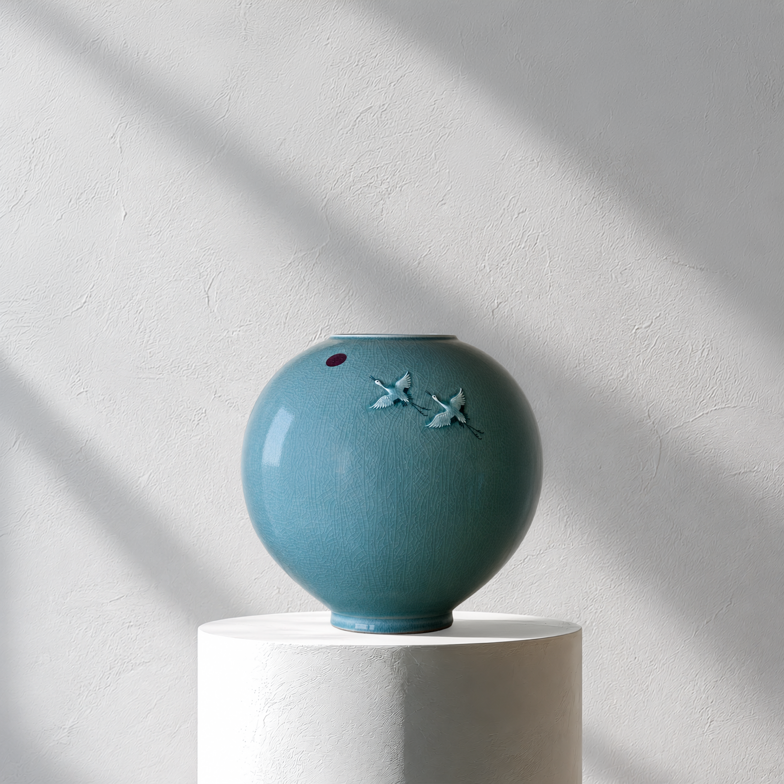 Celadon Vessel: Paired Cranes in Raised Relief with Red Sun, 2024